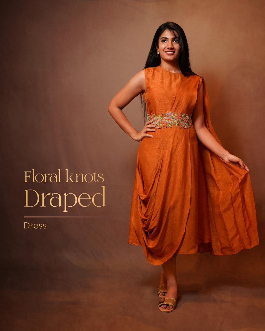 KNOT EMBROIDERED BELT WITH DRAPED COCKTAIL DRESS