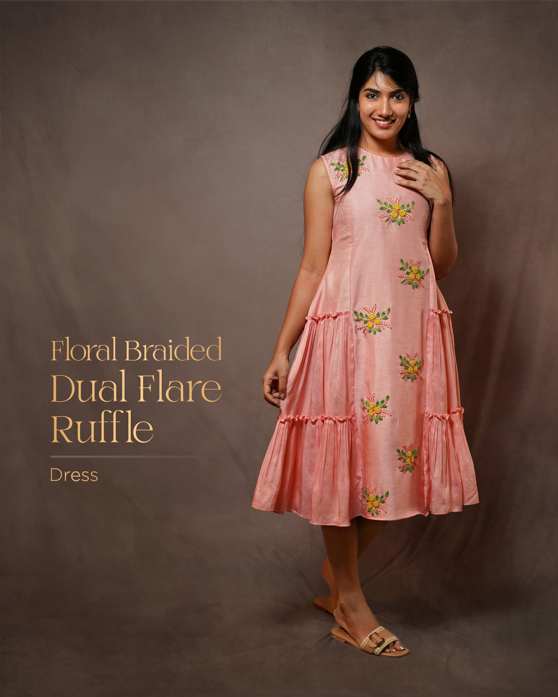 PASTEL PEACH FLORAL KNOT EMBROIDERD RUFFLE DRESS