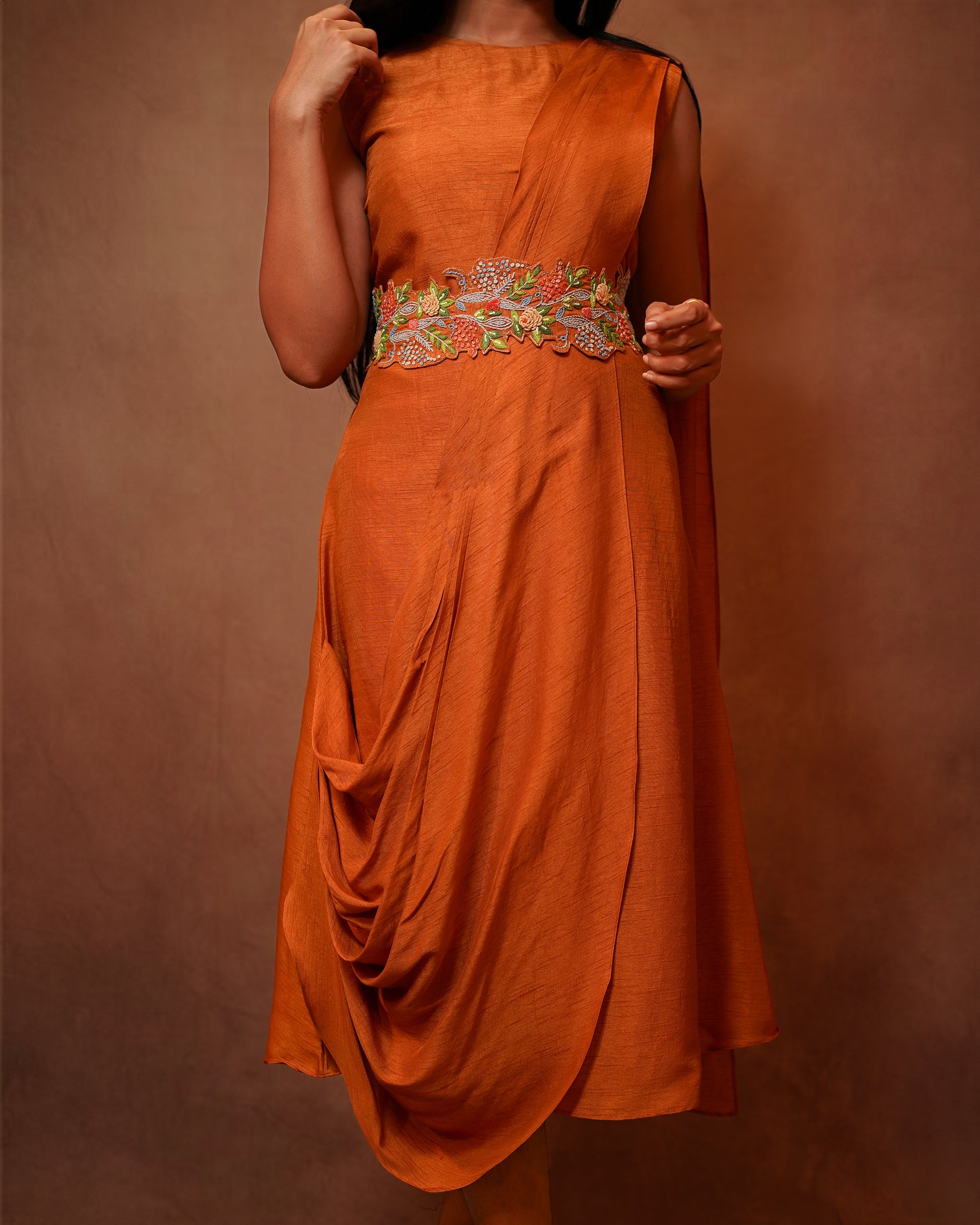 KNOT EMBROIDERED BELT WITH DRAPED COCKTAIL DRESS