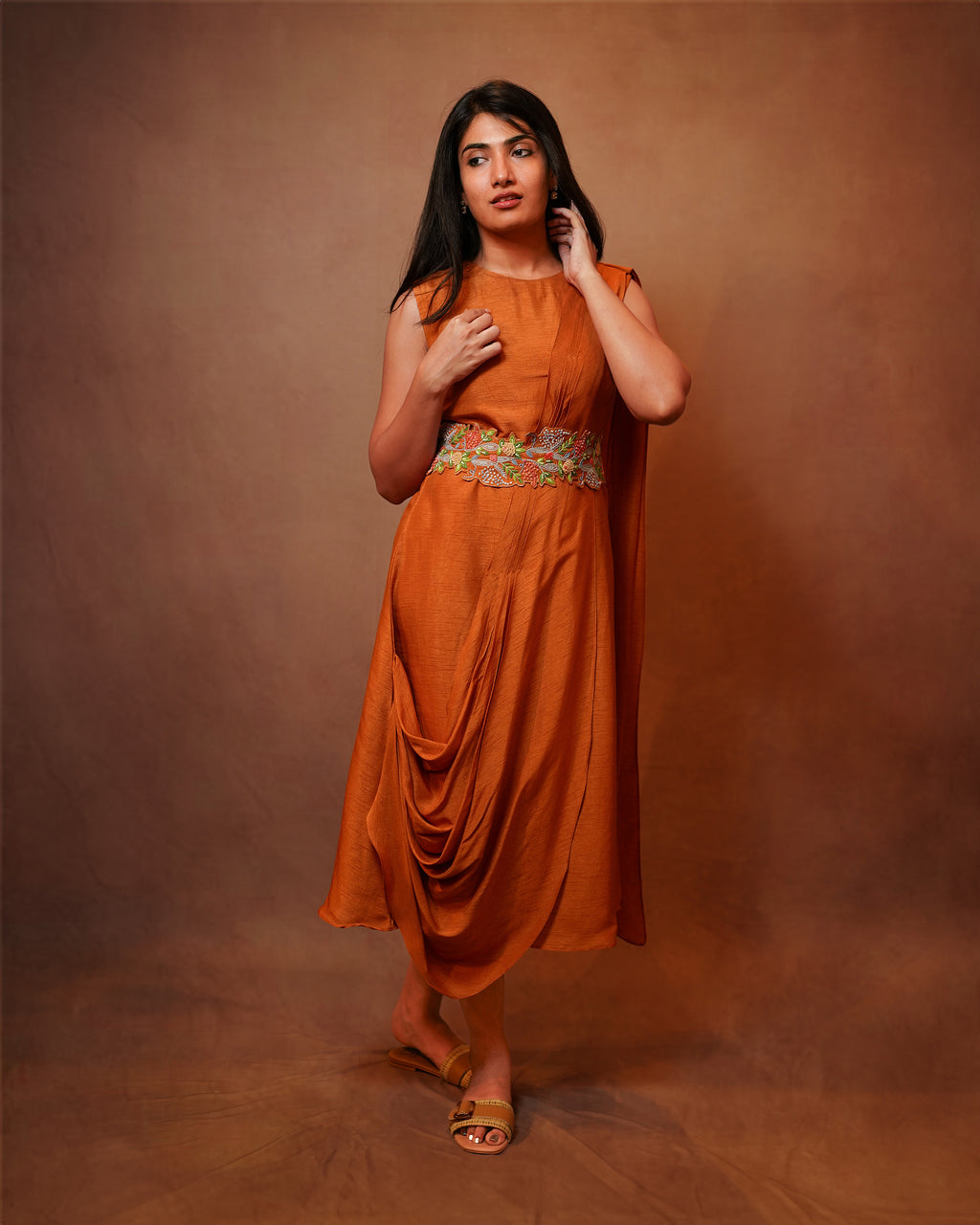 KNOT EMBROIDERED BELT WITH DRAPED COCKTAIL DRESS