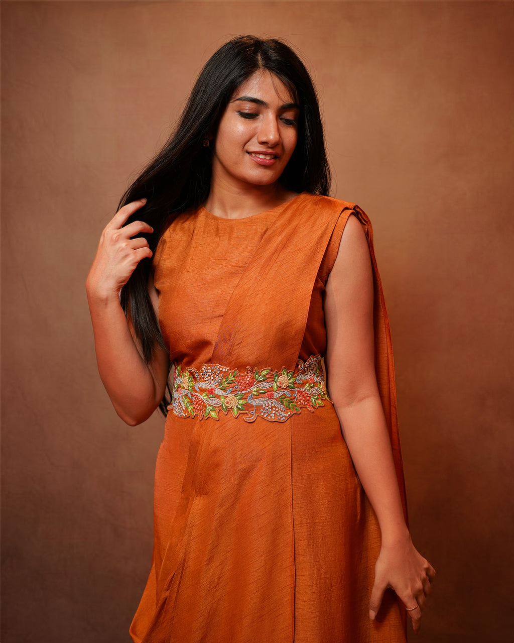 KNOT EMBROIDERED BELT WITH DRAPED COCKTAIL DRESS