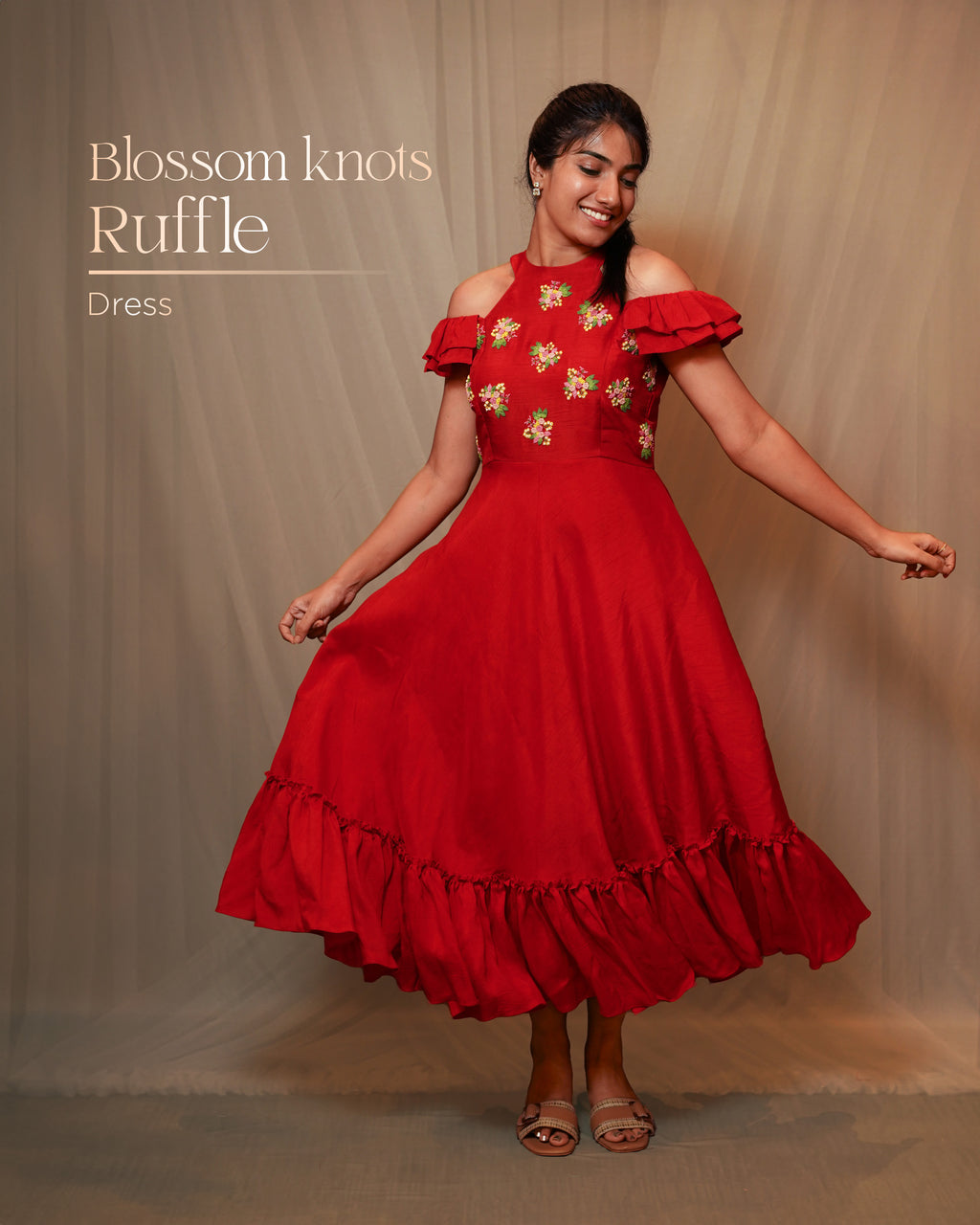 RED KNOT EMBROIDERD RUFFLE DRESS