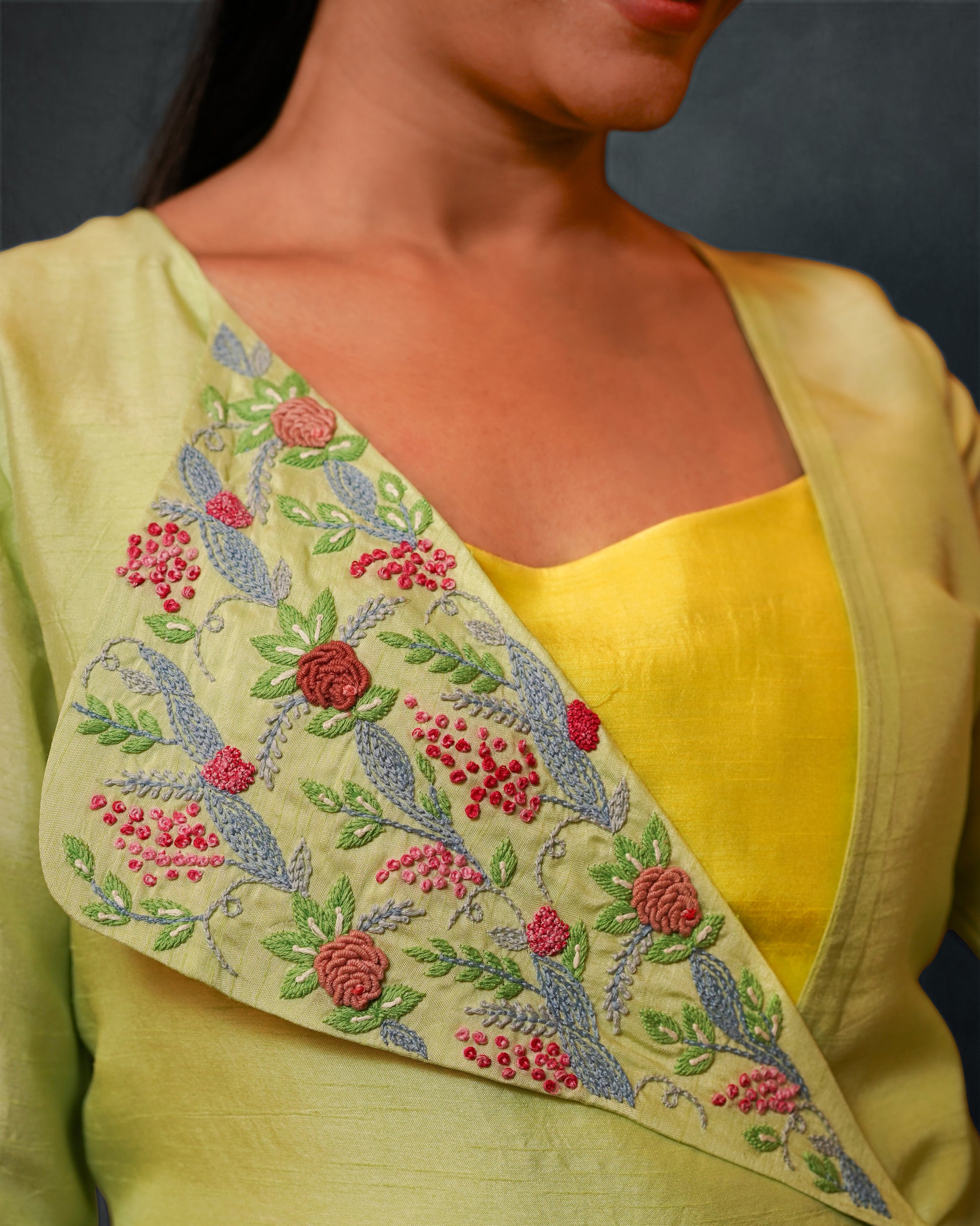 YELLOW A-LINE DRESS WITH PASTEL GREEN JACKET WITH KNOT EMBROIDERD DRESS