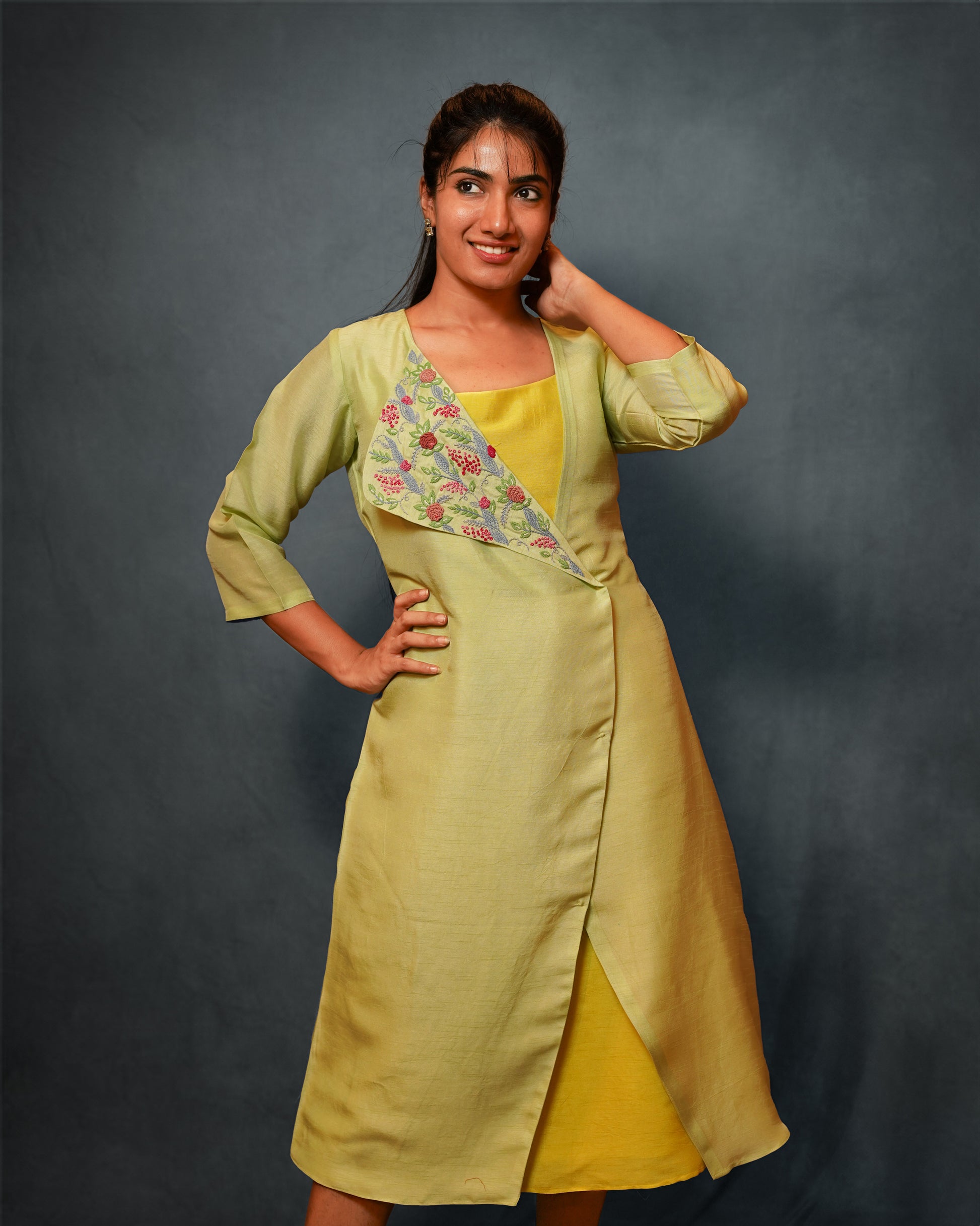 YELLOW A-LINE DRESS WITH PASTEL GREEN JACKET WITH KNOT EMBROIDERD DRESS