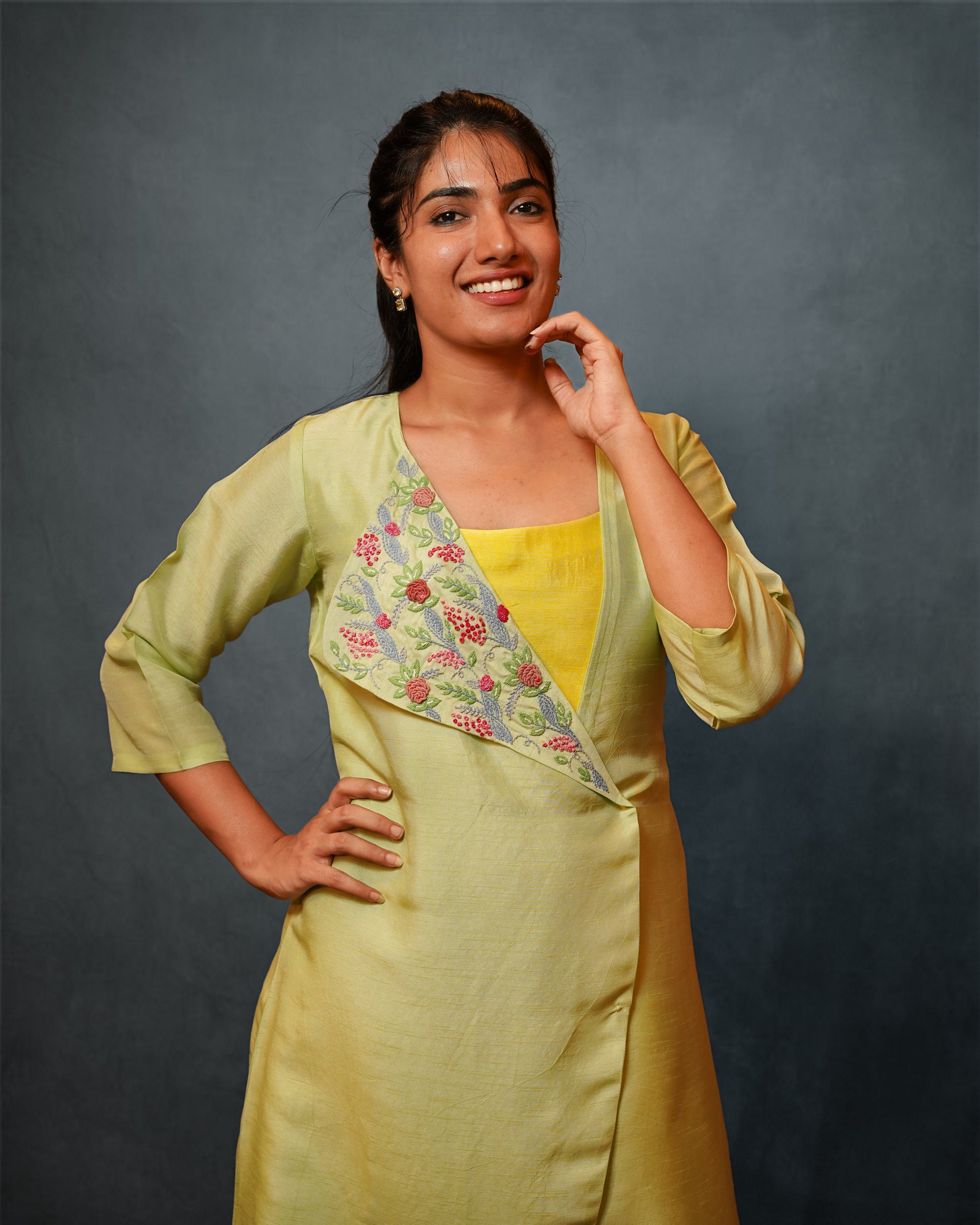 YELLOW A-LINE DRESS WITH PASTEL GREEN JACKET WITH KNOT EMBROIDERD DRESS