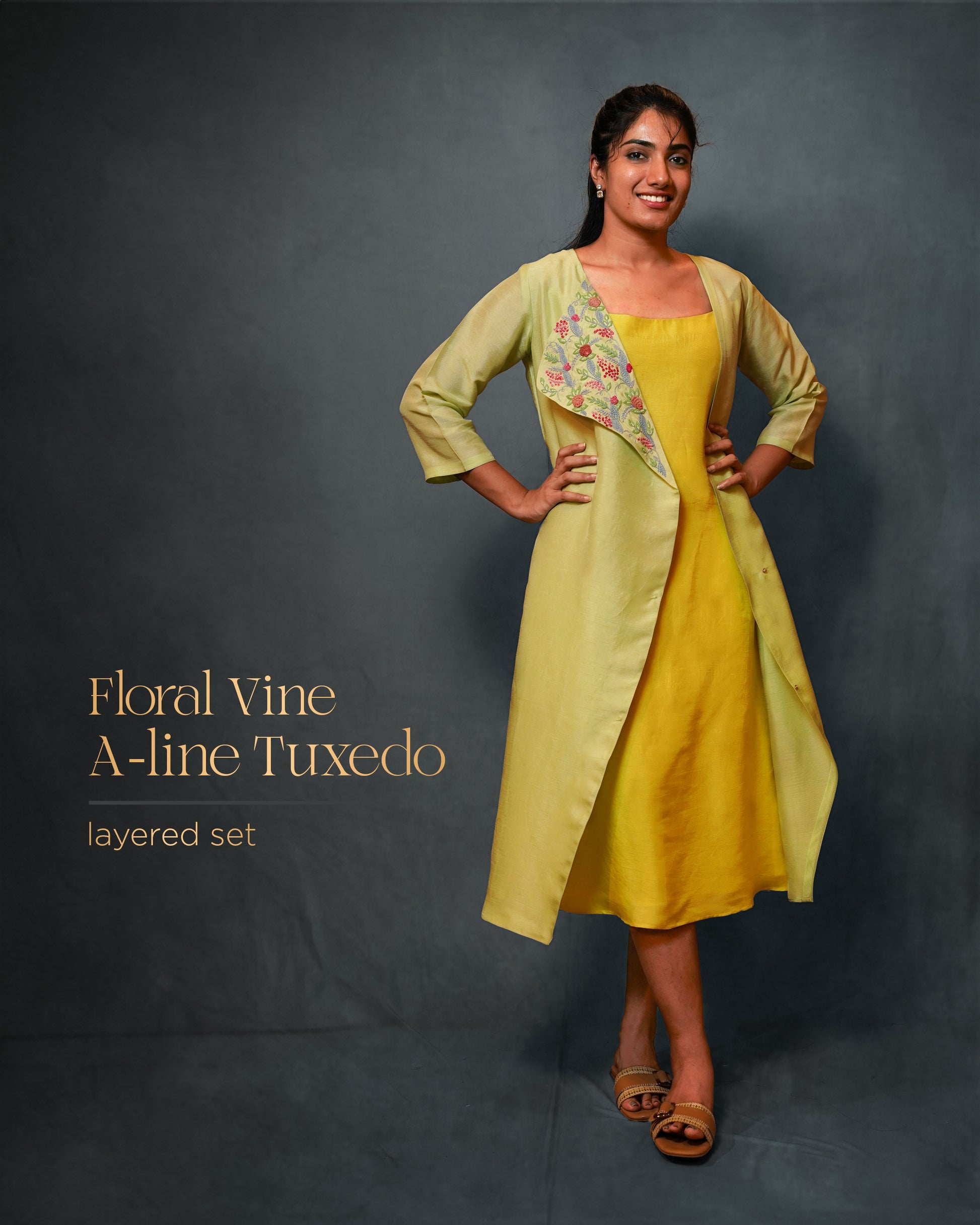 YELLOW A-LINE DRESS WITH PASTEL GREEN JACKET WITH KNOT EMBROIDERD DRESS