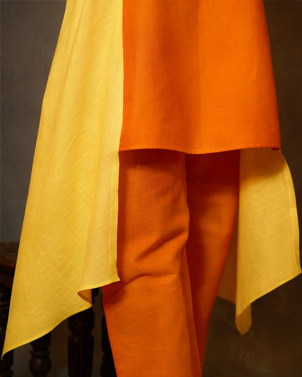 ORANGE AND YELLOW ASYMMETRIC KNOT EMBROIDERD CO-ORD SET