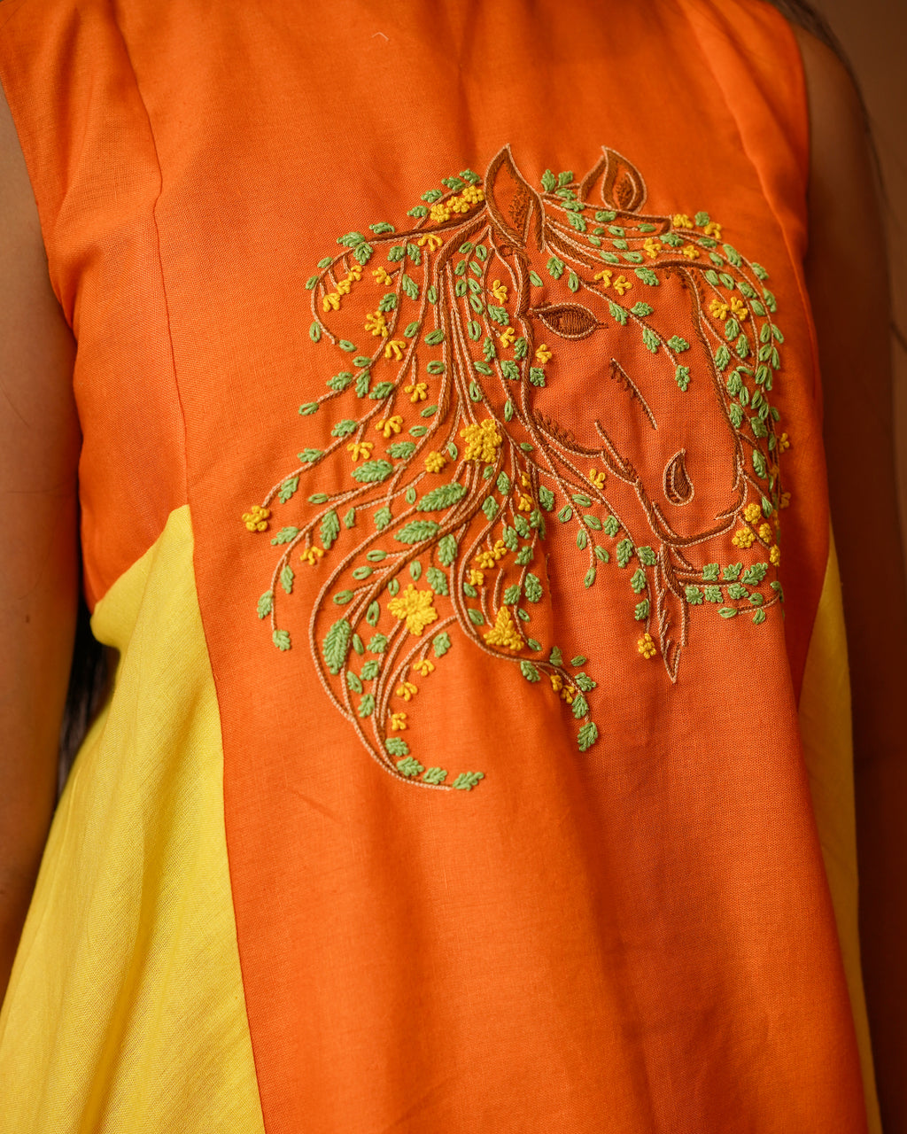 ORANGE AND YELLOW ASYMMETRIC KNOT EMBROIDERD CO-ORD SET