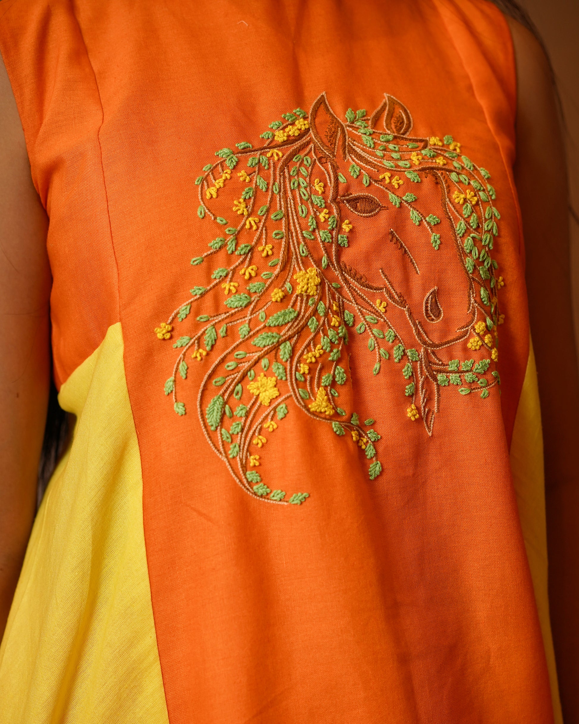 ORANGE AND YELLOW ASYMMETRIC KNOT EMBROIDERD CO-ORD SET