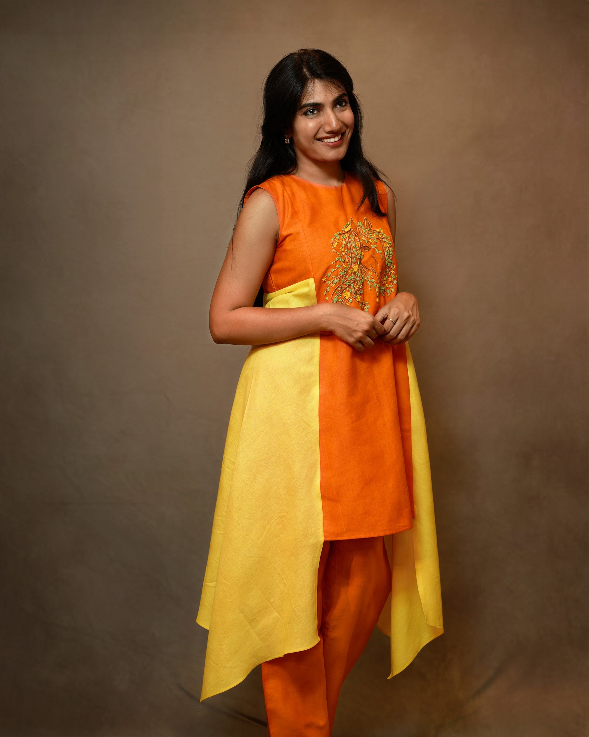 ORANGE AND YELLOW ASYMMETRIC KNOT EMBROIDERD CO-ORD SET
