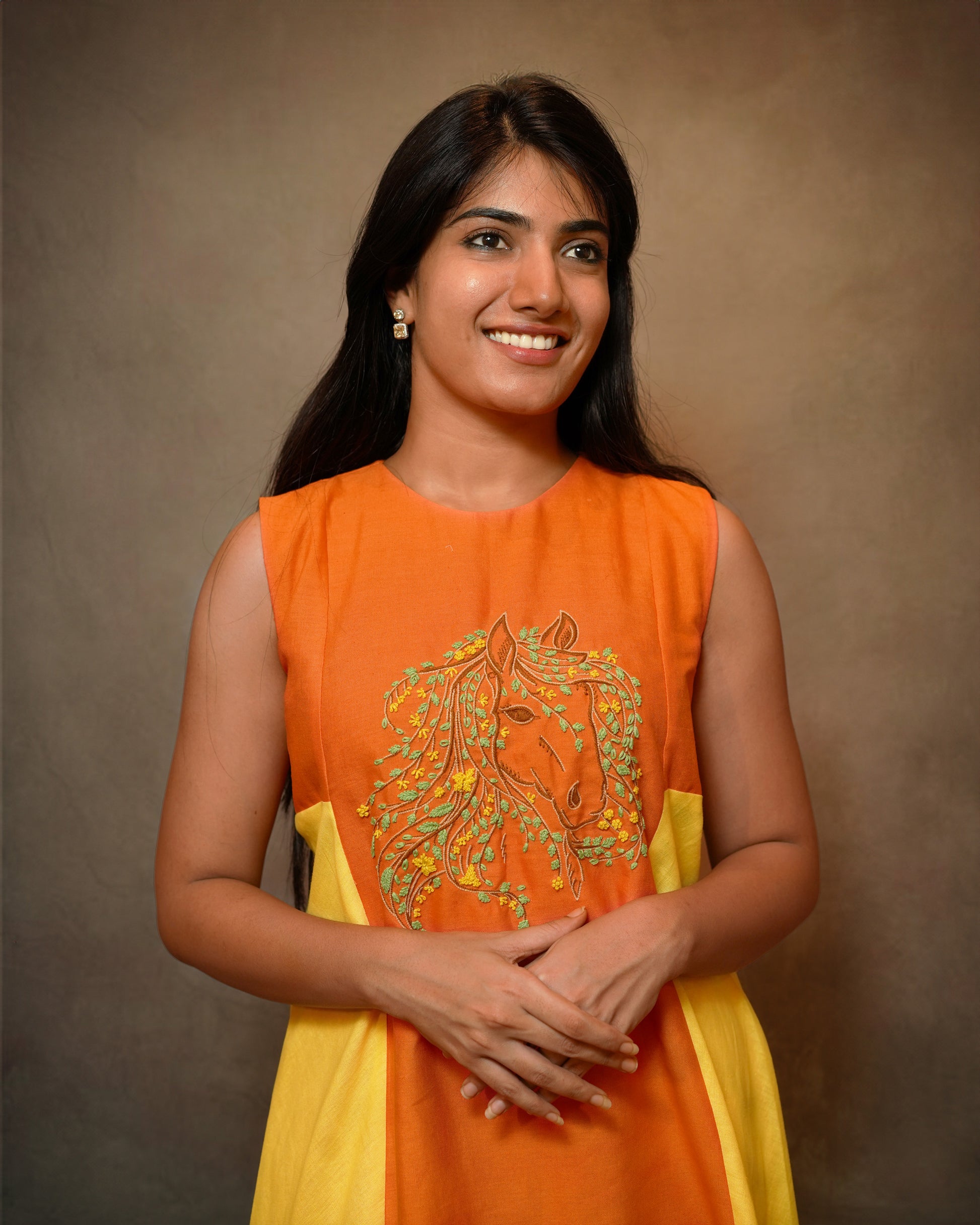 ORANGE AND YELLOW ASYMMETRIC KNOT EMBROIDERD CO-ORD SET