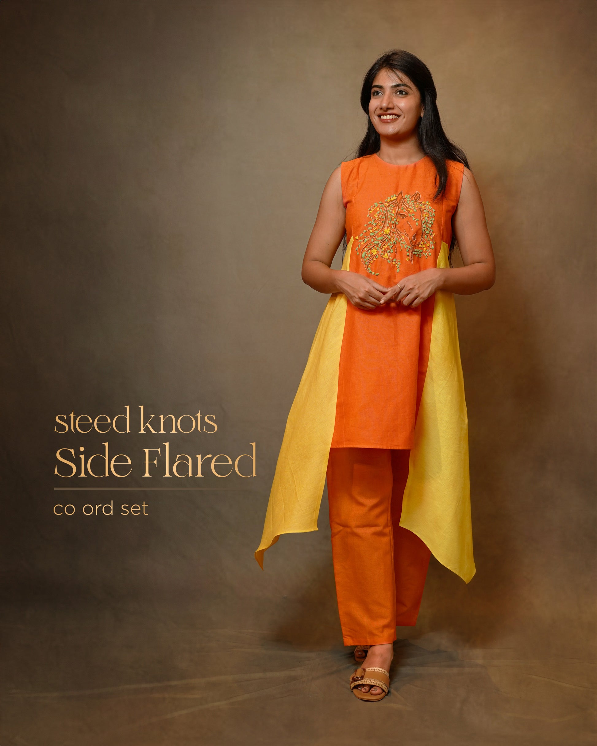 ORANGE AND YELLOW ASYMMETRIC KNOT EMBROIDERD CO-ORD SET
