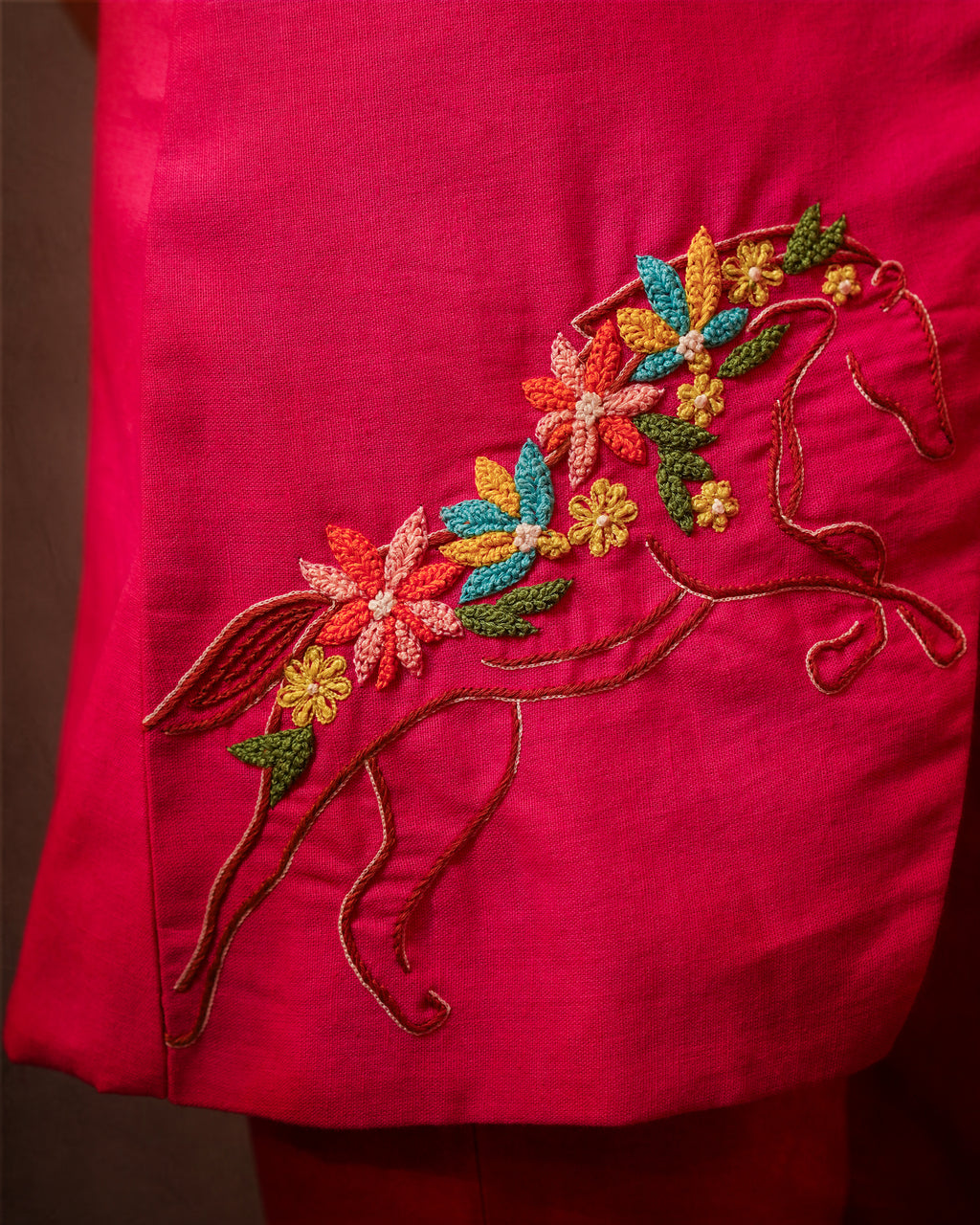 HOT PINK DRAPED TOP WITH KNOT EMBROIDERED CO-ORD SET