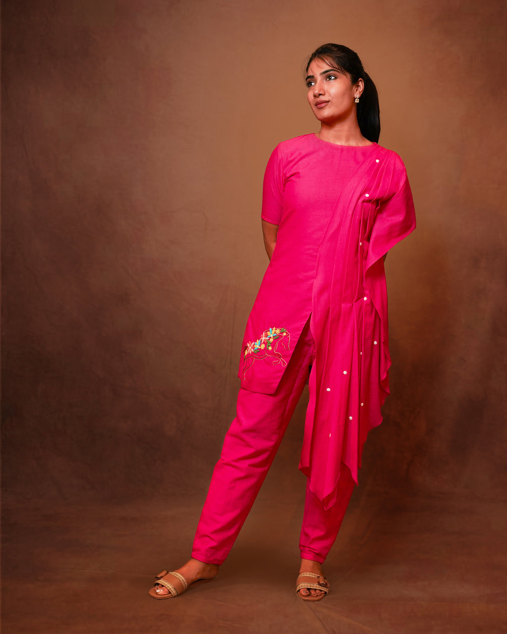 HOT PINK DRAPED TOP WITH KNOT EMBROIDERED CO-ORD SET