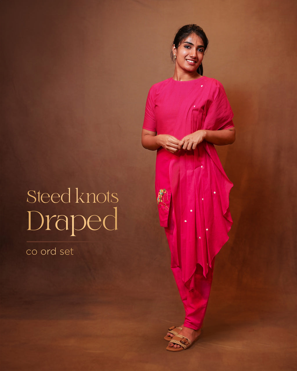 HOT PINK DRAPED TOP WITH KNOT EMBROIDERED CO-ORD SET