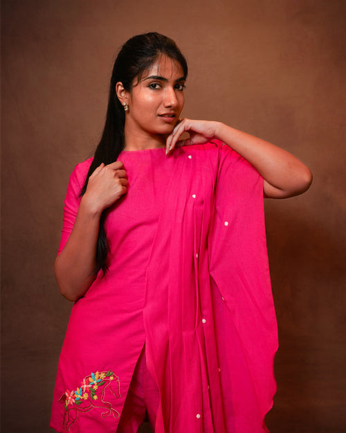 HOT PINK DRAPED TOP WITH KNOT EMBROIDERED CO-ORD SET