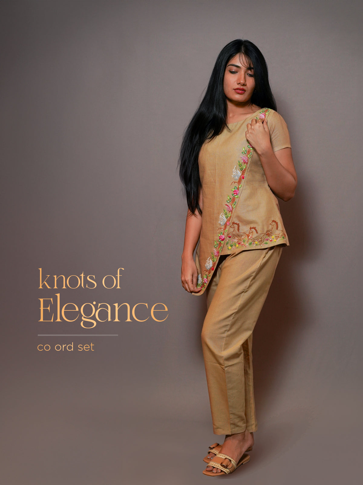 BEIGE COLOUR FLORAL&STEED KNOT EMBROIDERD CO-ORD SET