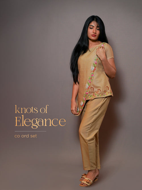 BEIGE COLOUR FLORAL&STEED KNOT EMBROIDERD CO-ORD SET