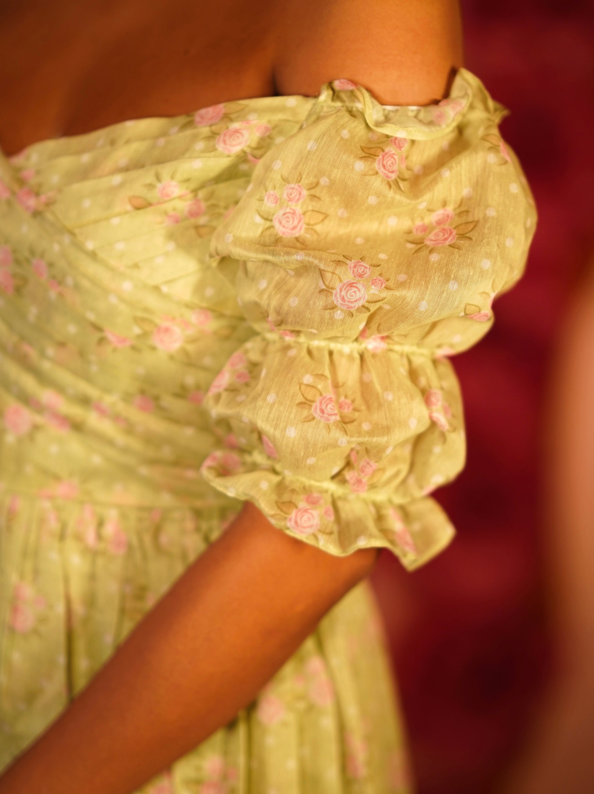 PASTEL GREEN WITH PINK VINTAGE ROSES ON-OFF SHOULDER DRESS