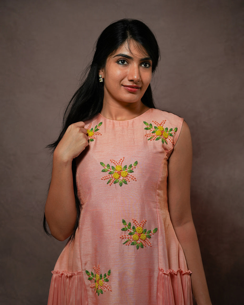 PASTEL PEACH FLORAL KNOT EMBROIDERD RUFFLE DRESS