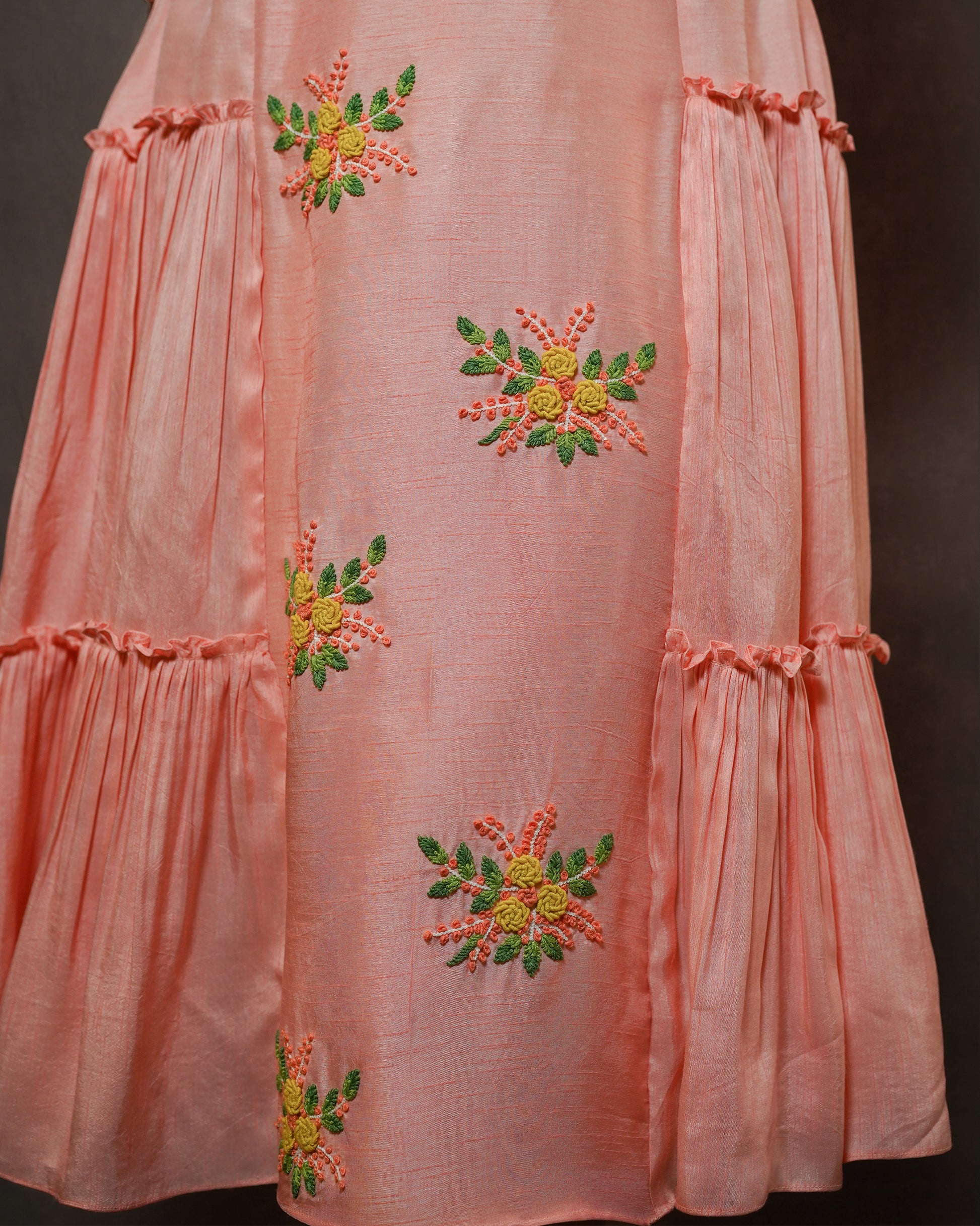 PASTEL PEACH FLORAL KNOT EMBROIDERD RUFFLE DRESS