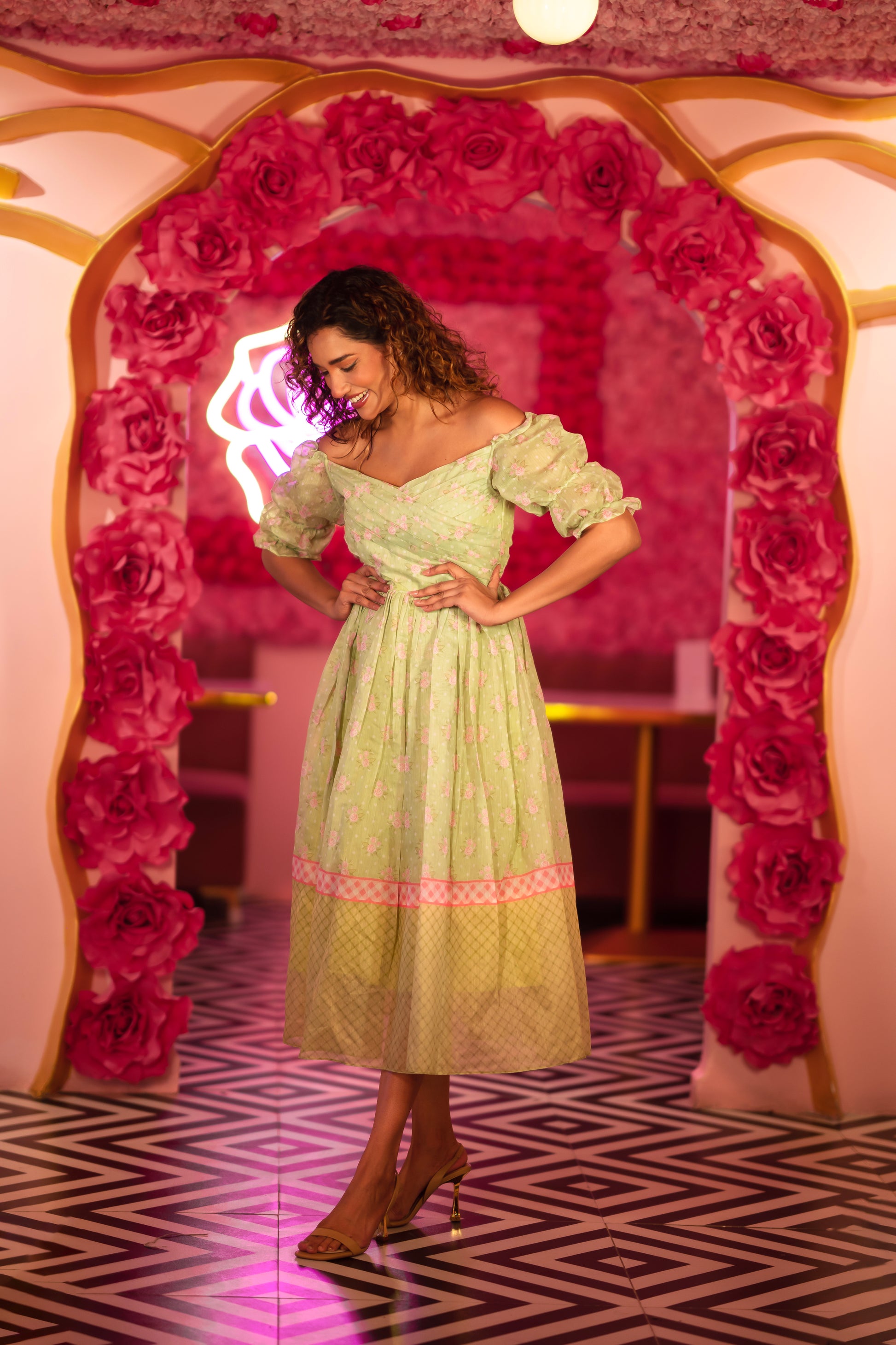 PASTEL GREEN WITH PINK VINTAGE ROSES ON-OFF SHOULDER DRESS