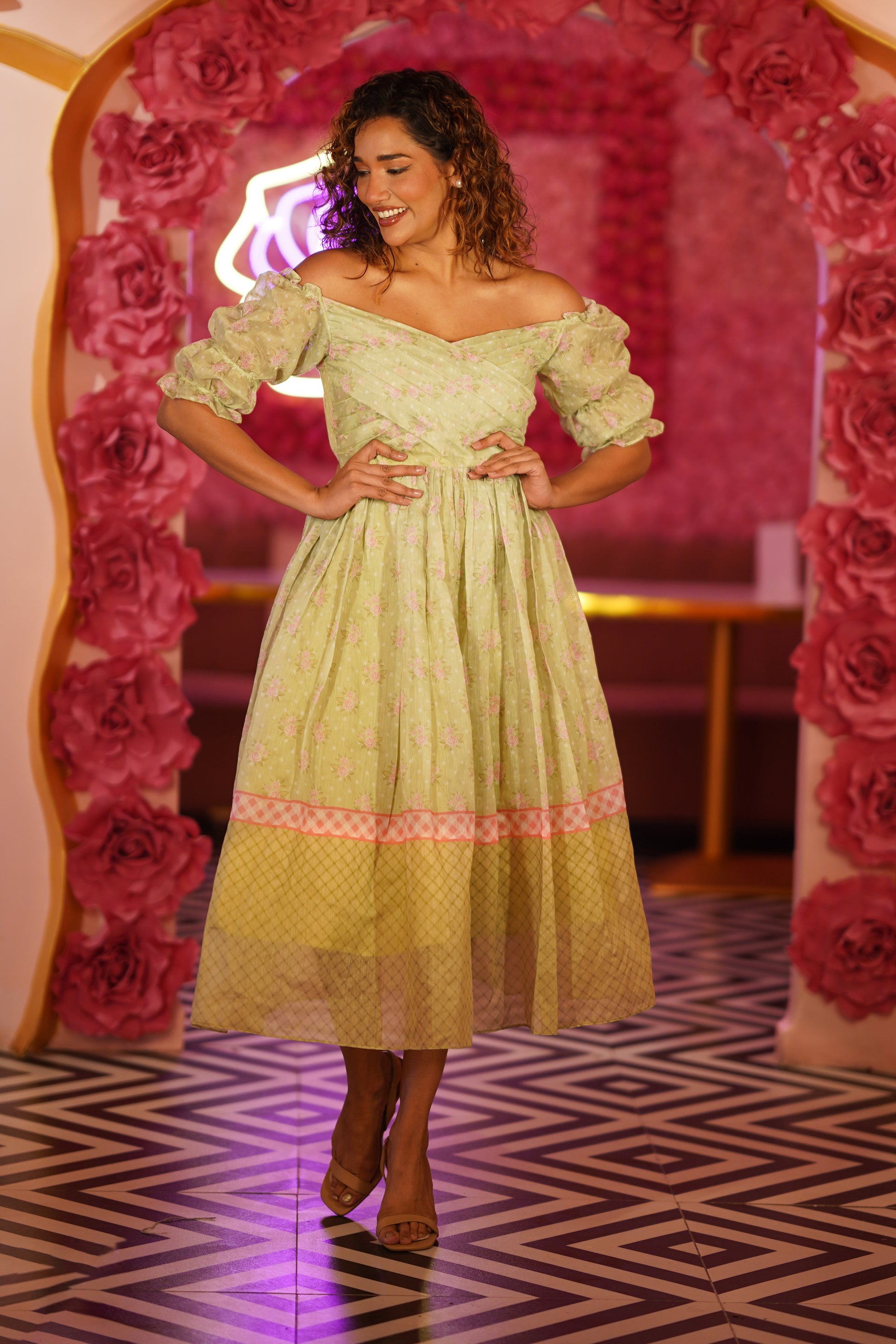 PASTEL GREEN WITH PINK VINTAGE ROSES ON-OFF SHOULDER DRESS