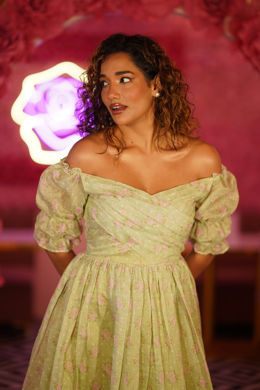 PASTEL GREEN WITH PINK VINTAGE ROSES ON-OFF SHOULDER DRESS