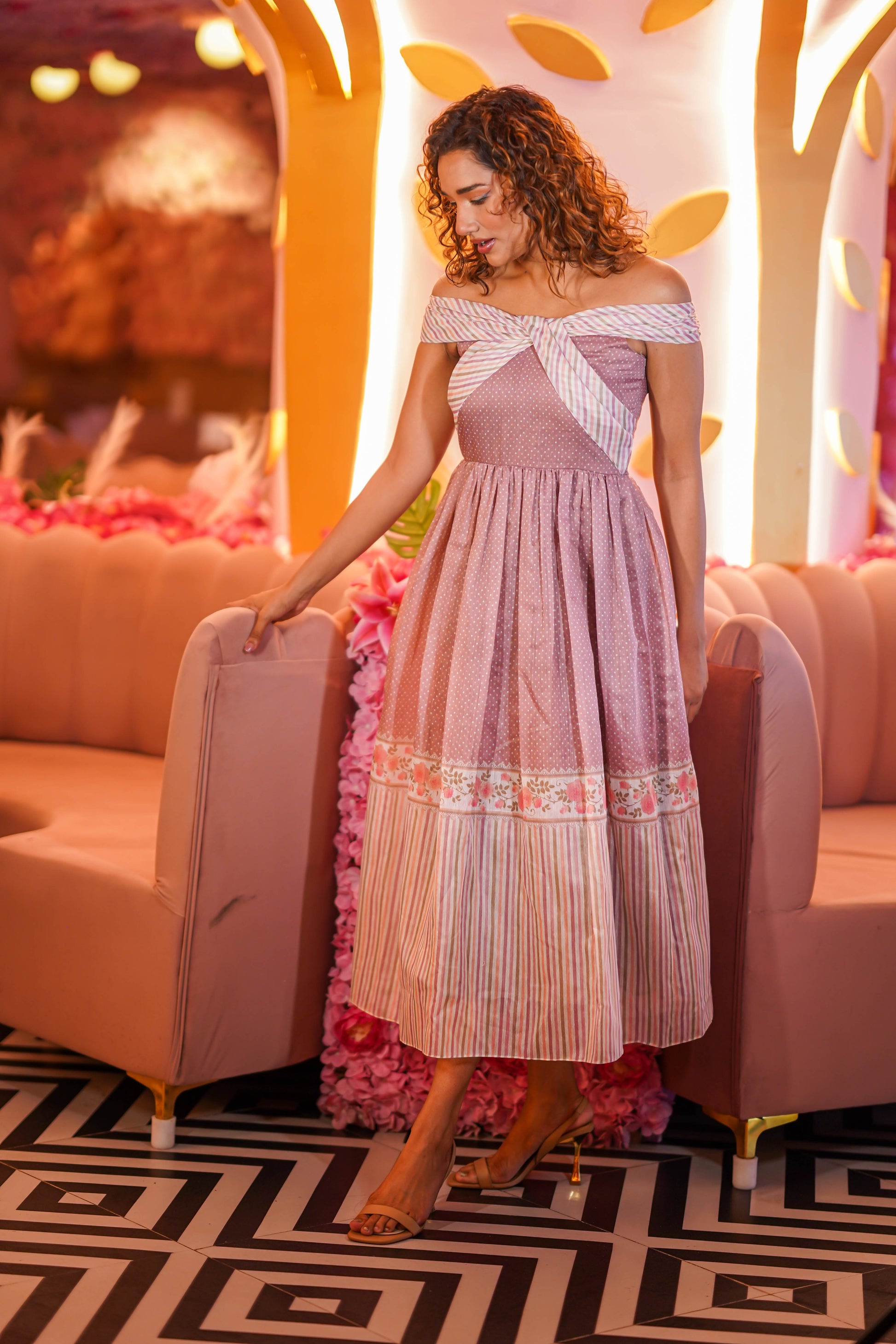 MAUVE TAUPE WITH OFF WHITE STRIPES OFF SHOULDER DRESS