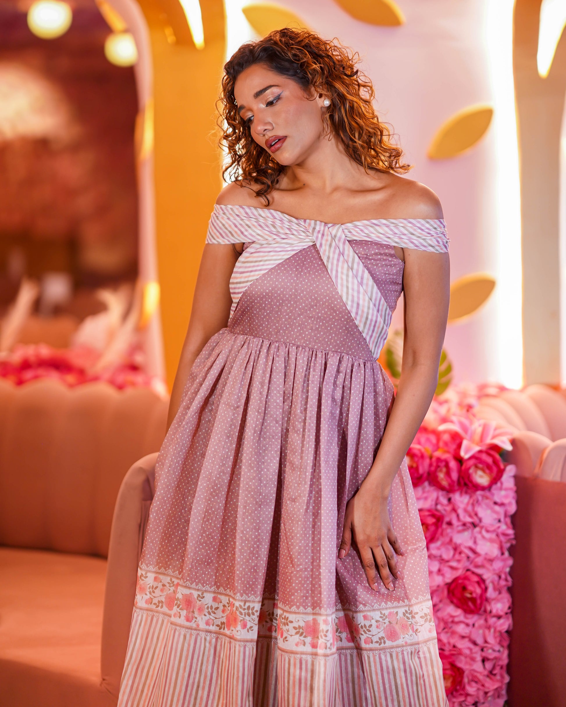 MAUVE TAUPE WITH OFF WHITE STRIPES OFF SHOULDER DRESS