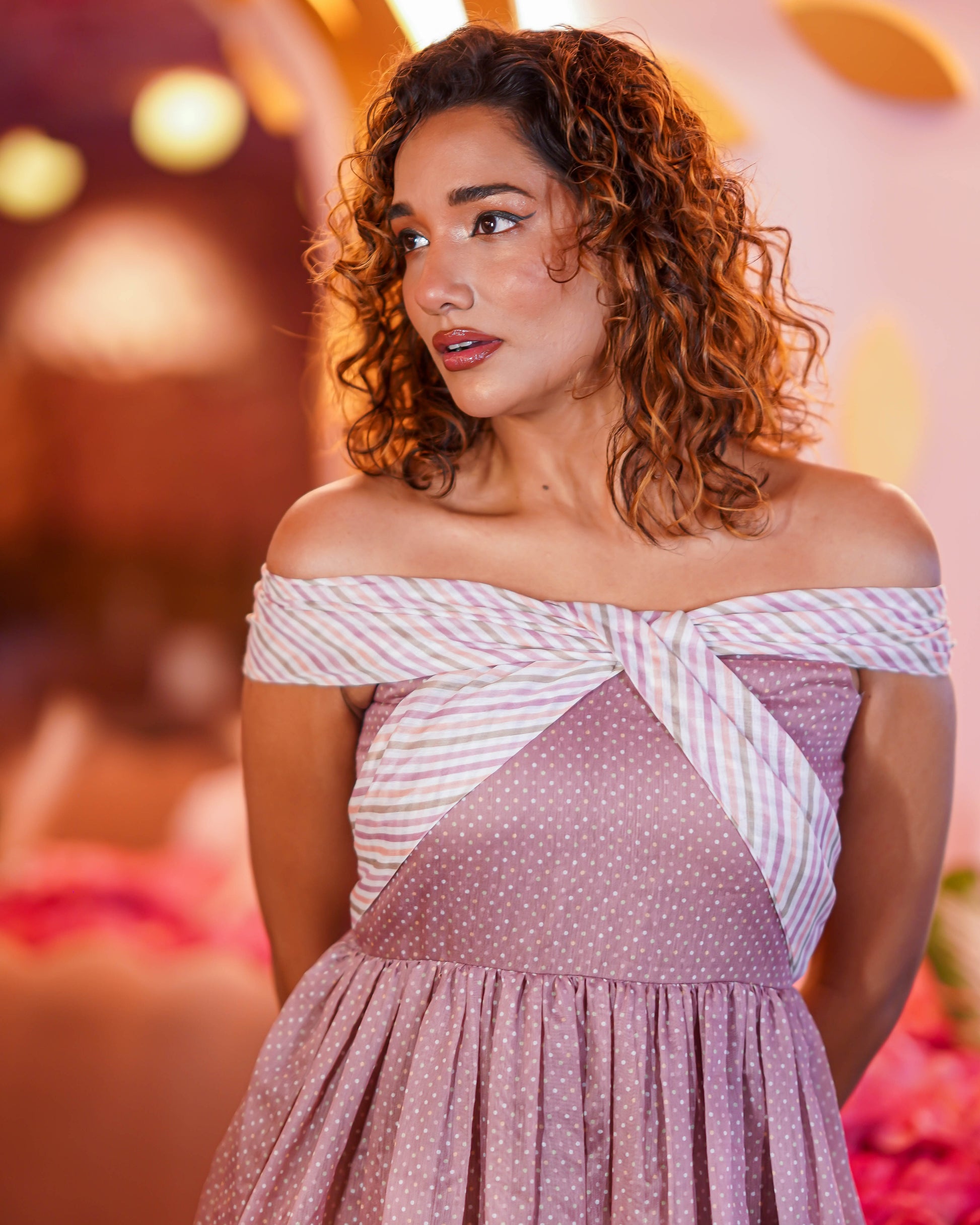 MAUVE TAUPE WITH OFF WHITE STRIPES OFF SHOULDER DRESS