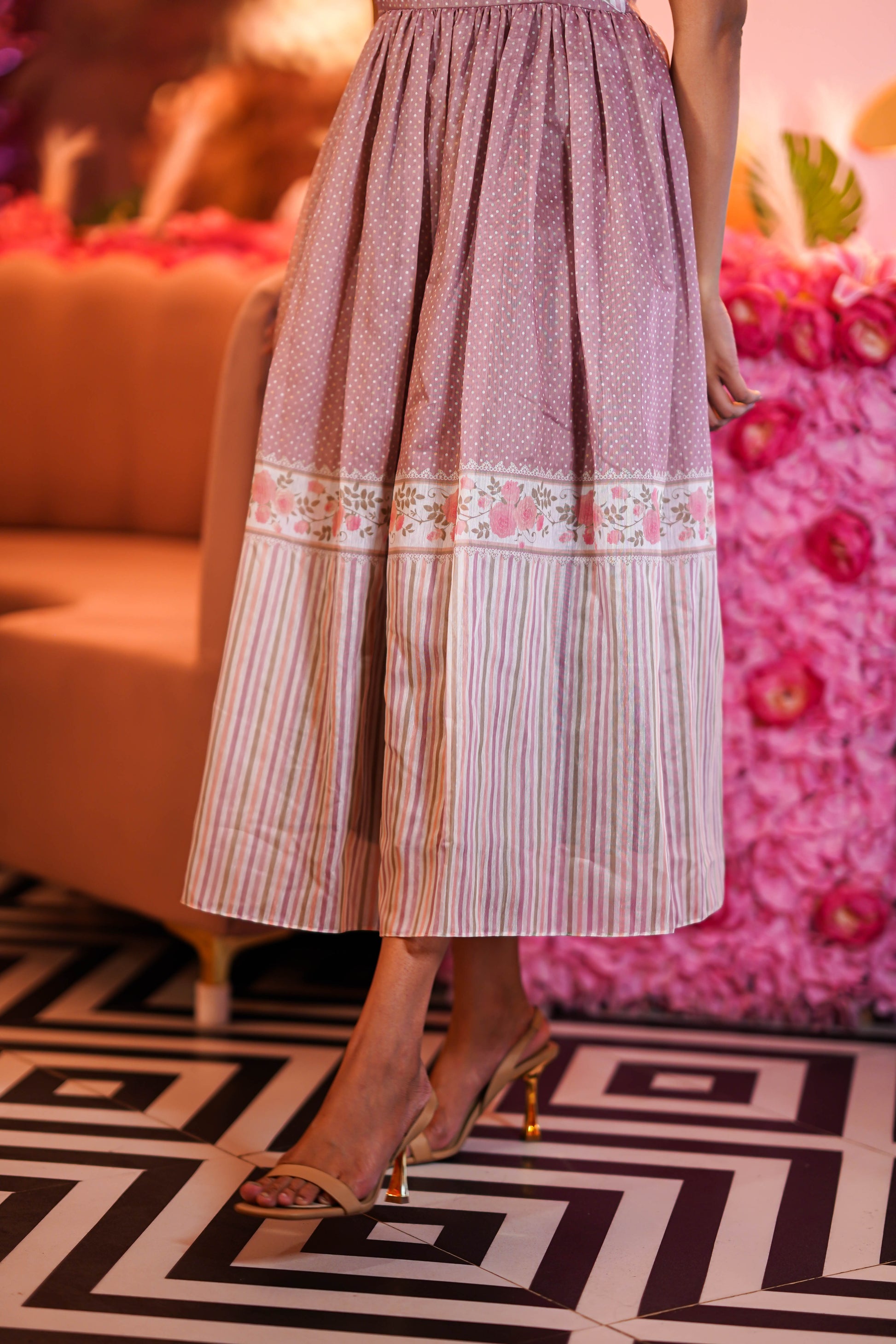 MAUVE TAUPE WITH OFF WHITE STRIPES OFF SHOULDER DRESS