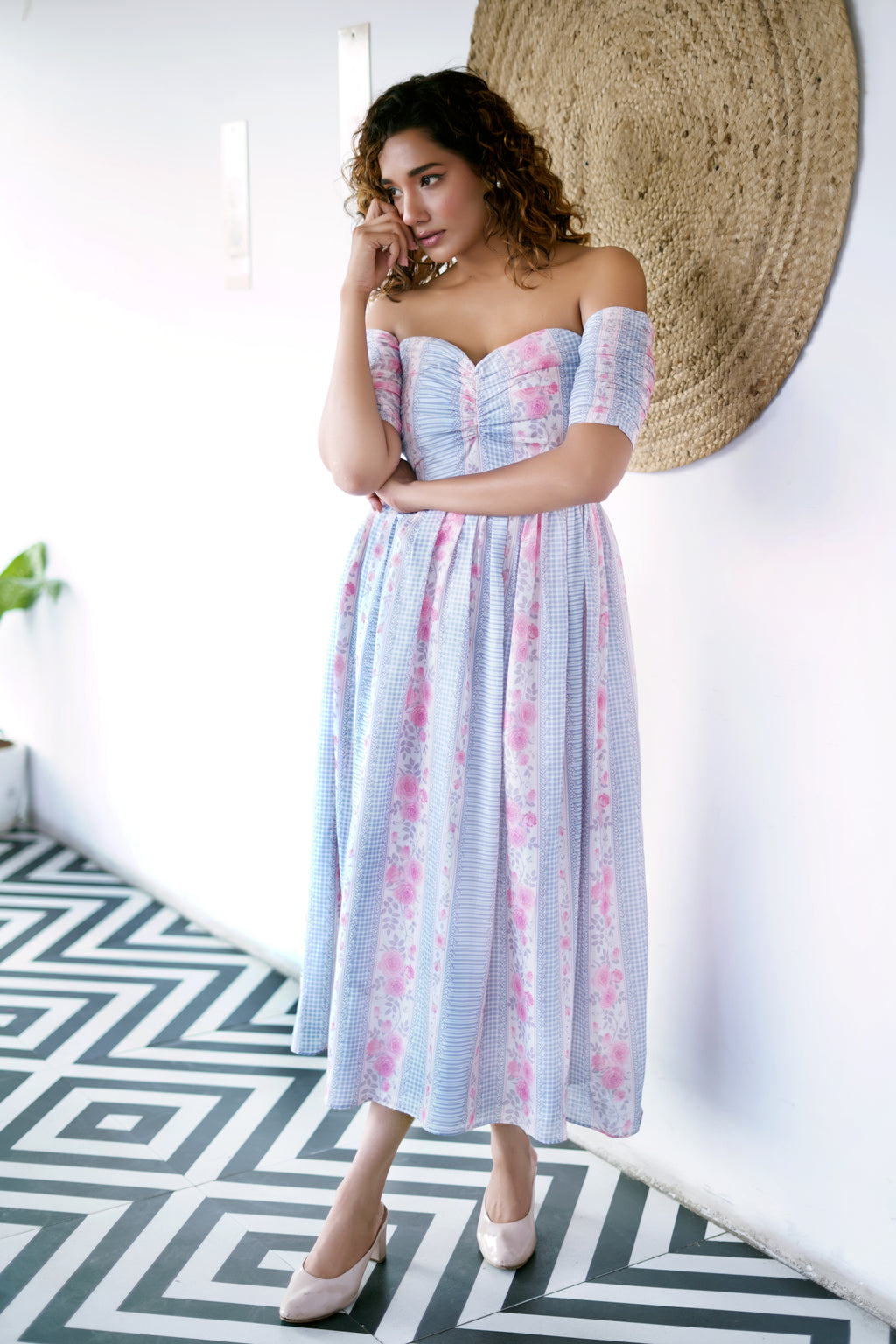 POWDER BLUE ON-OFF SHOULDER DRESS WITH PINK VINTAGE ROSES STRIPES DRESS