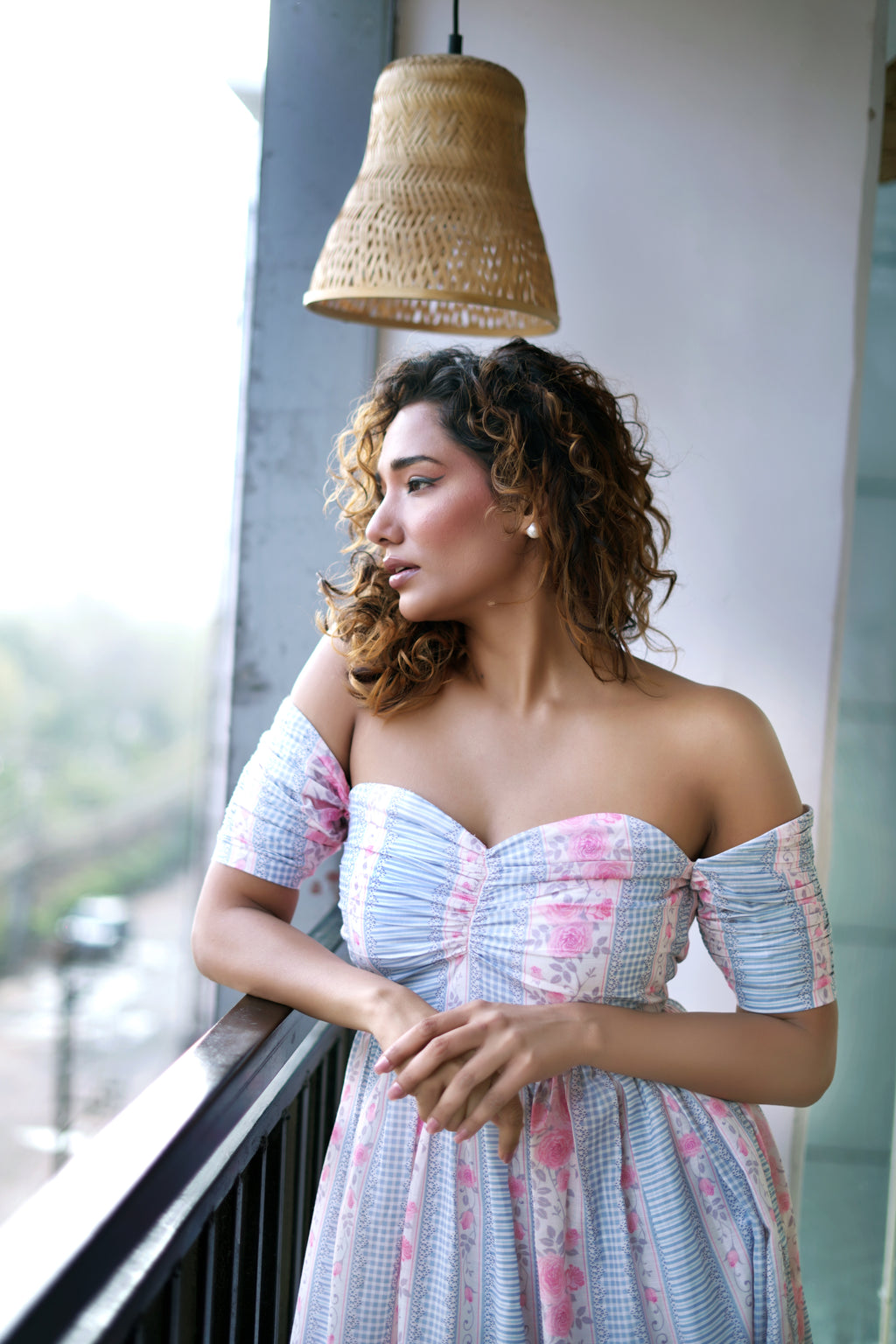 POWDER BLUE ON-OFF SHOULDER DRESS WITH PINK VINTAGE ROSES STRIPES DRESS