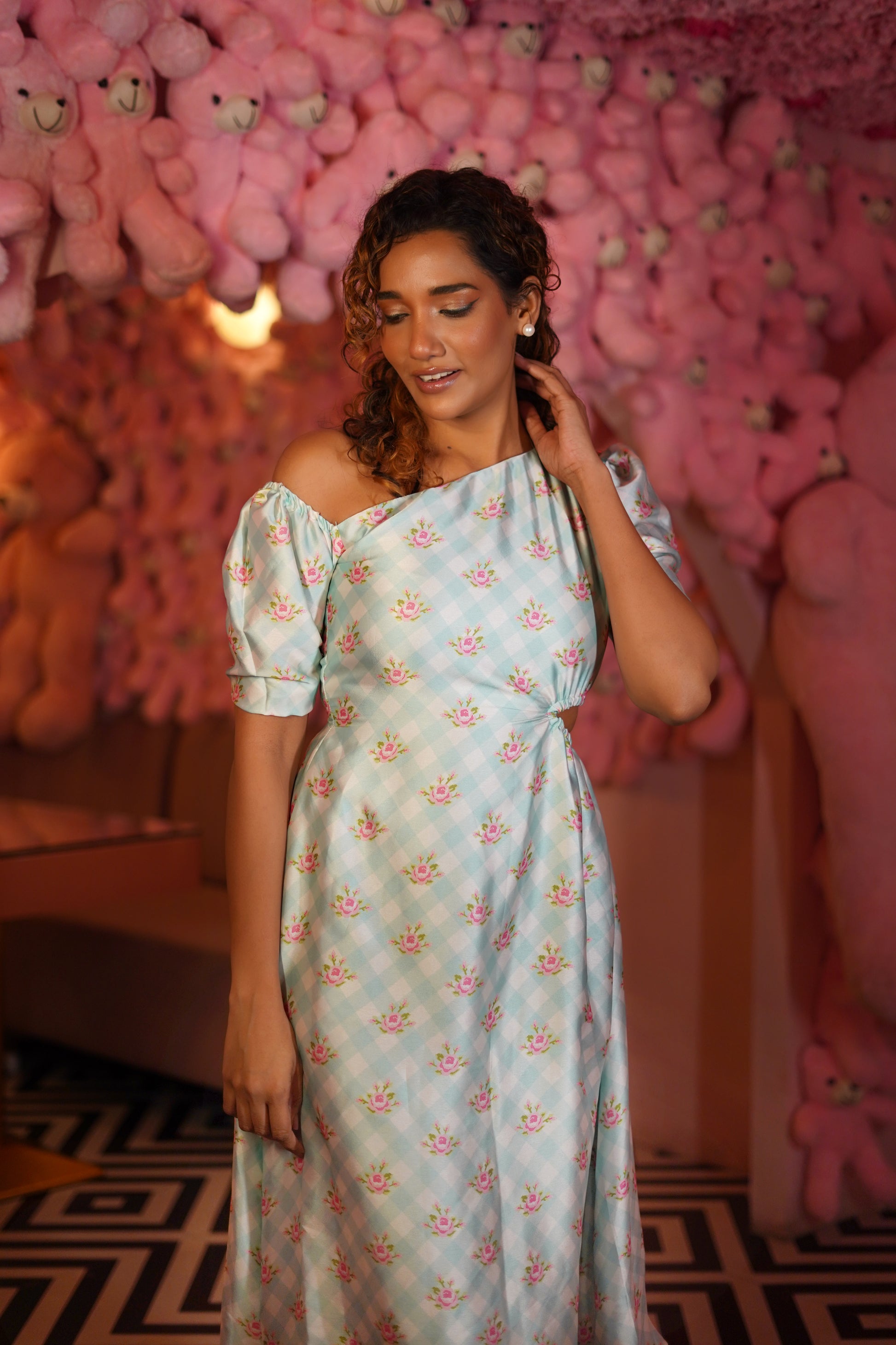 SEA BLUE CHECKS PRINTED WITH WAIST CUT DRESS