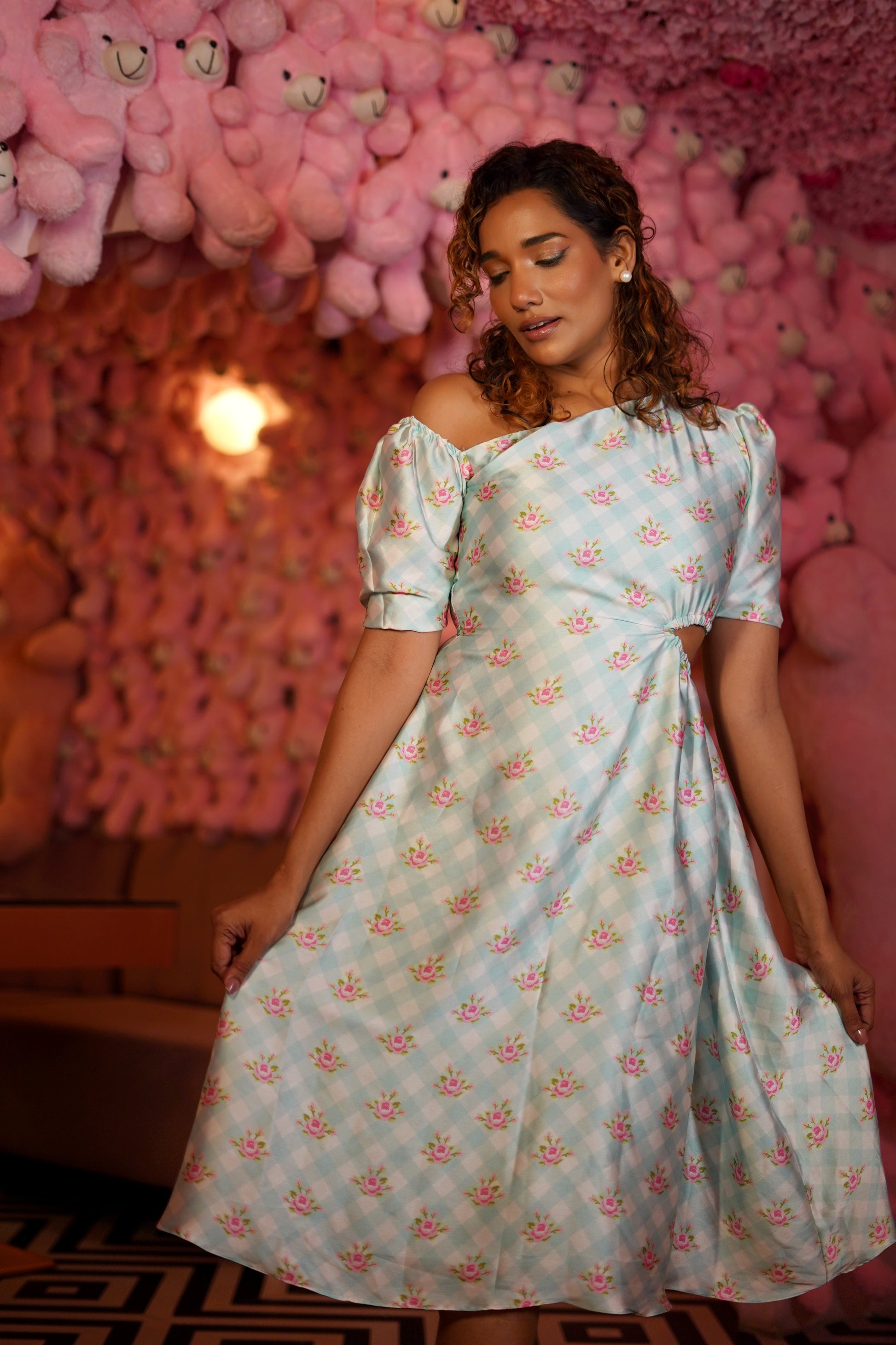 SEA BLUE CHECKS PRINTED WITH WAIST CUT DRESS