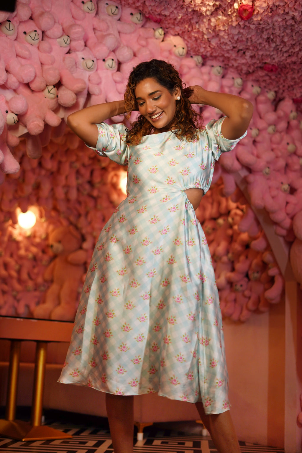 SEA BLUE CHECKS PRINTED WITH WAIST CUT DRESS