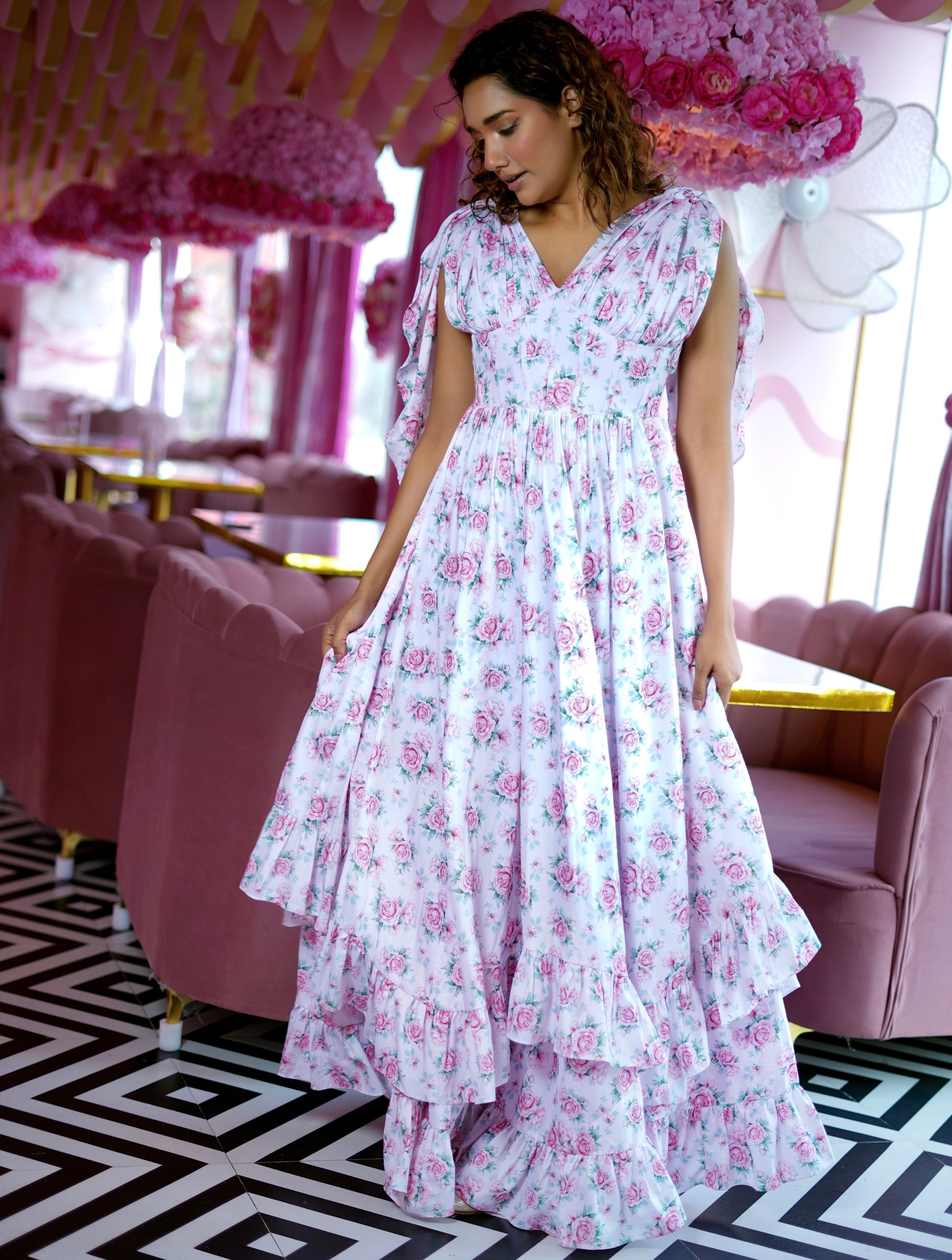 WHITE WITH MAUVE PINK VINTAGE ROSES CORSET WITH DOUBLE FLARE DRESS