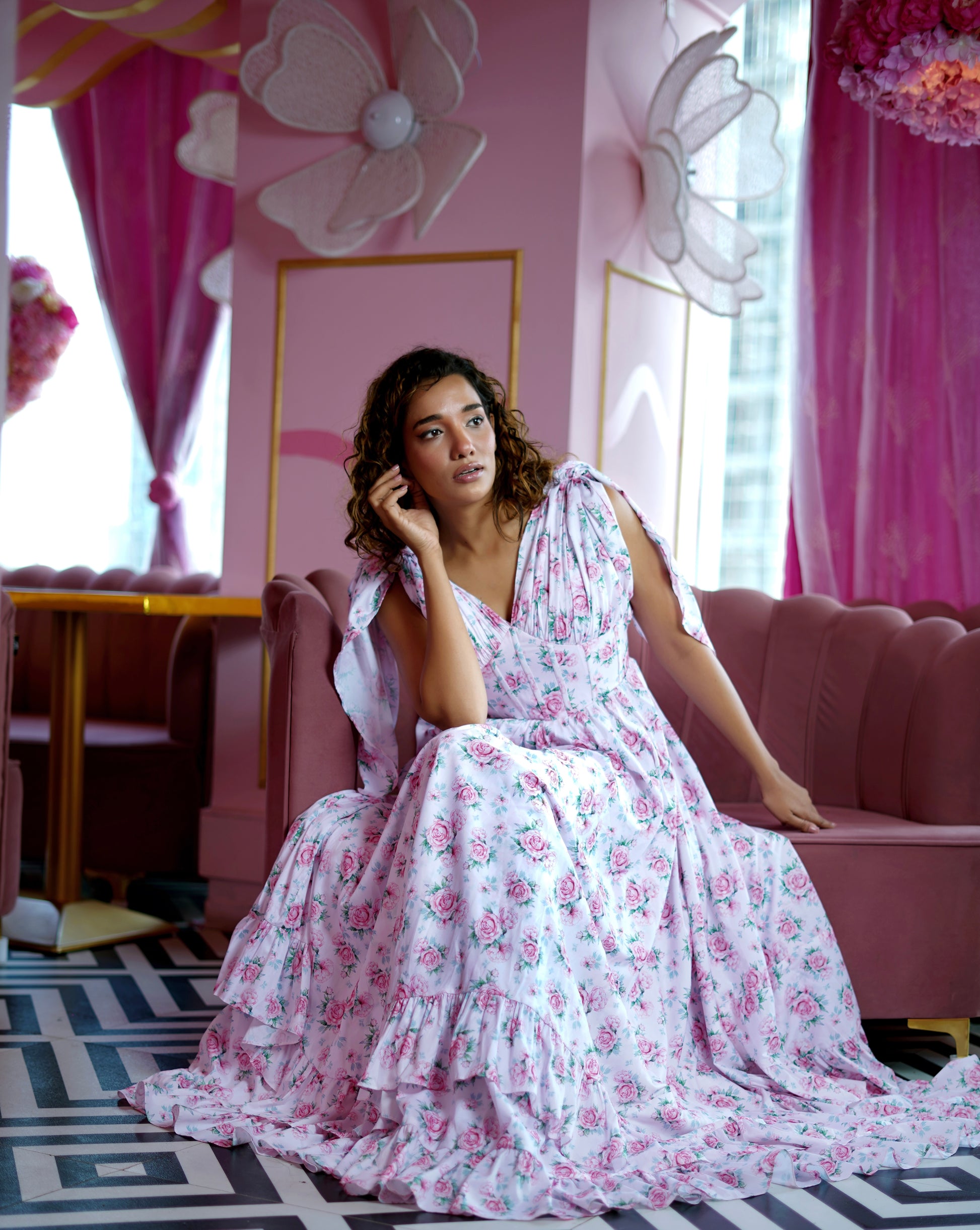 WHITE WITH MAUVE PINK VINTAGE ROSES CORSET WITH DOUBLE FLARE DRESS