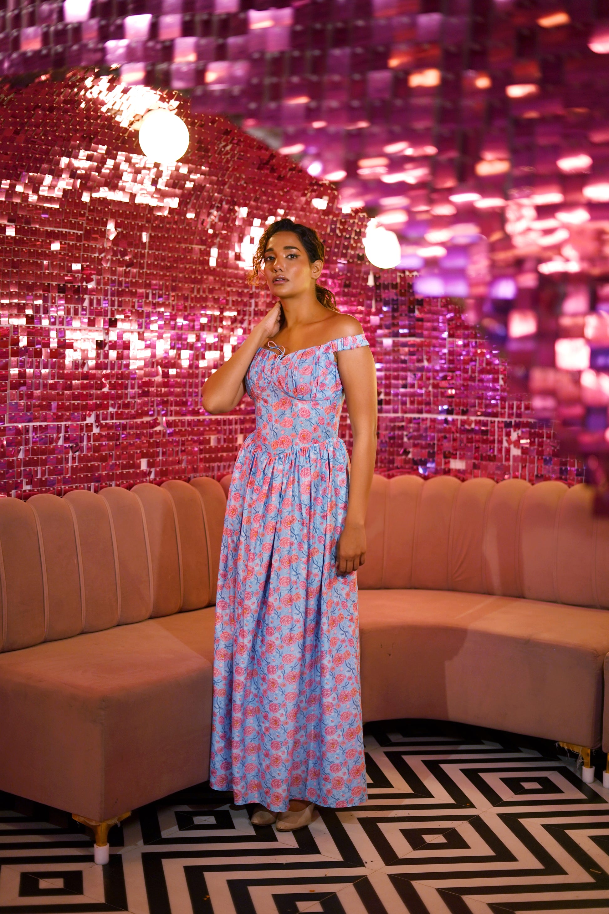 BLUE WITH PEACH VINTSAGE ROSES WITH ON-OFF SHOULDER ELASTIC CORSET DRESS