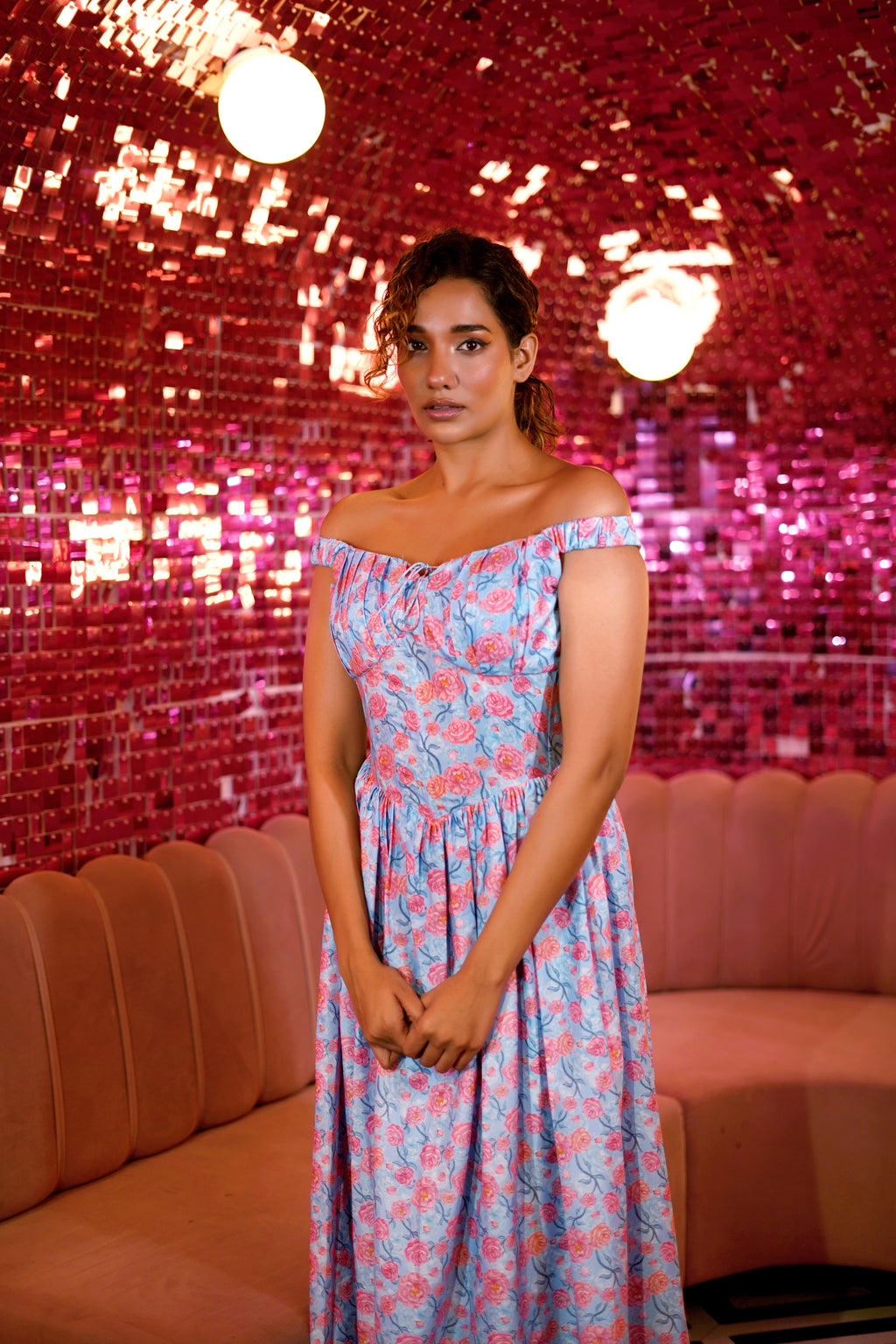 BLUE WITH PEACH VINTSAGE ROSES WITH ON-OFF SHOULDER ELASTIC CORSET DRESS