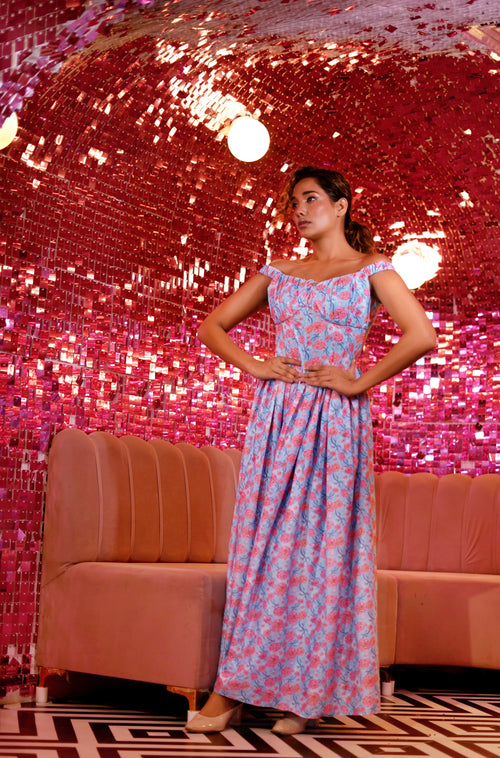 BLUE WITH PEACH VINTSAGE ROSES WITH ON-OFF SHOULDER ELASTIC CORSET DRESS