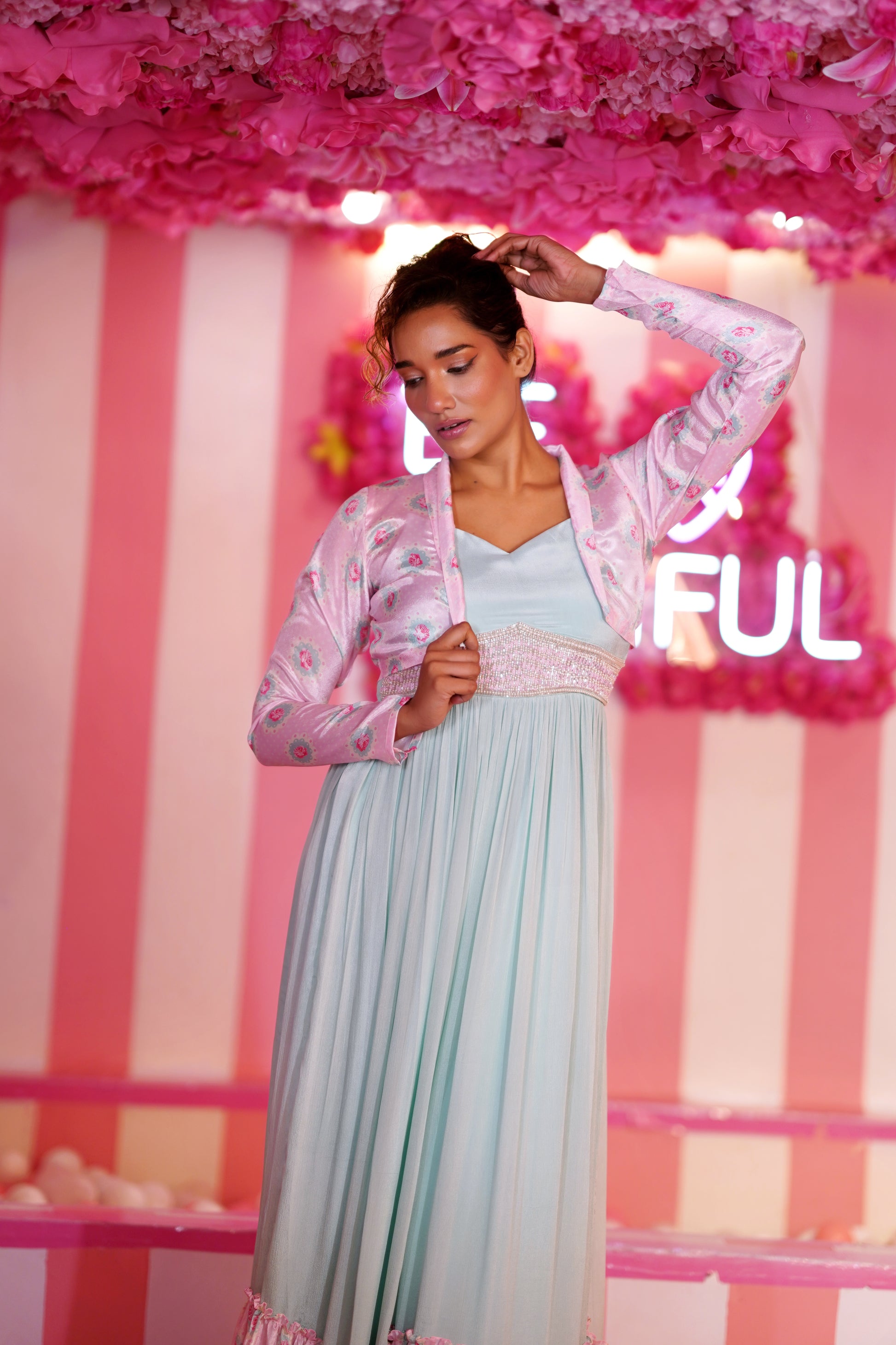 SEA GREEN & CANDY PINK RUFFLE WITH HALF JACKET DRESS