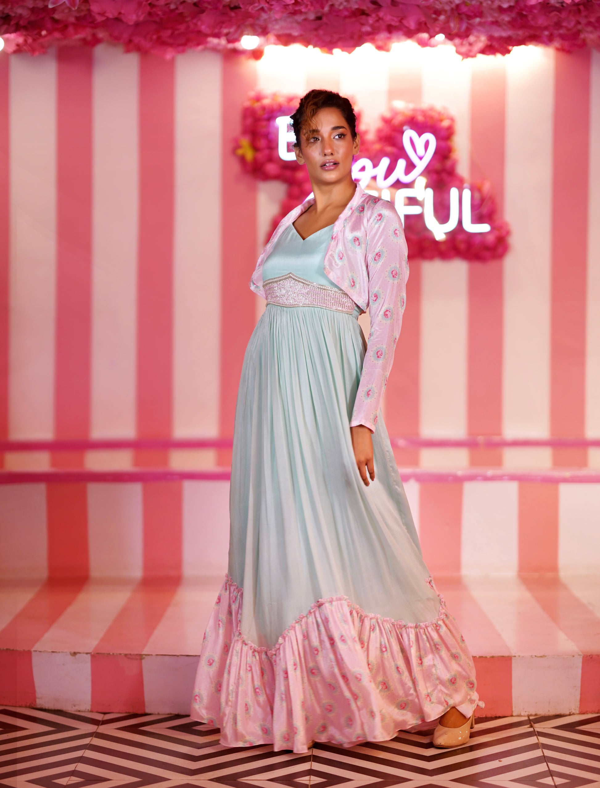 SEA GREEN & CANDY PINK RUFFLE WITH HALF JACKET DRESS