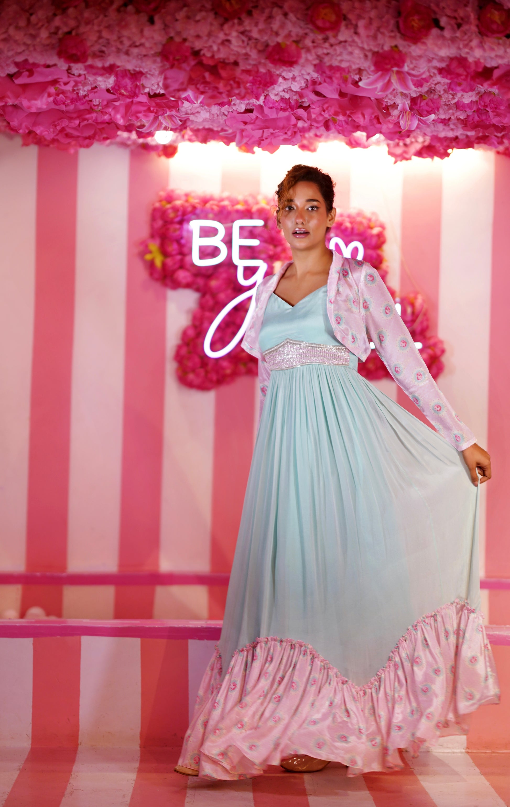 SEA GREEN & CANDY PINK RUFFLE WITH HALF JACKET DRESS