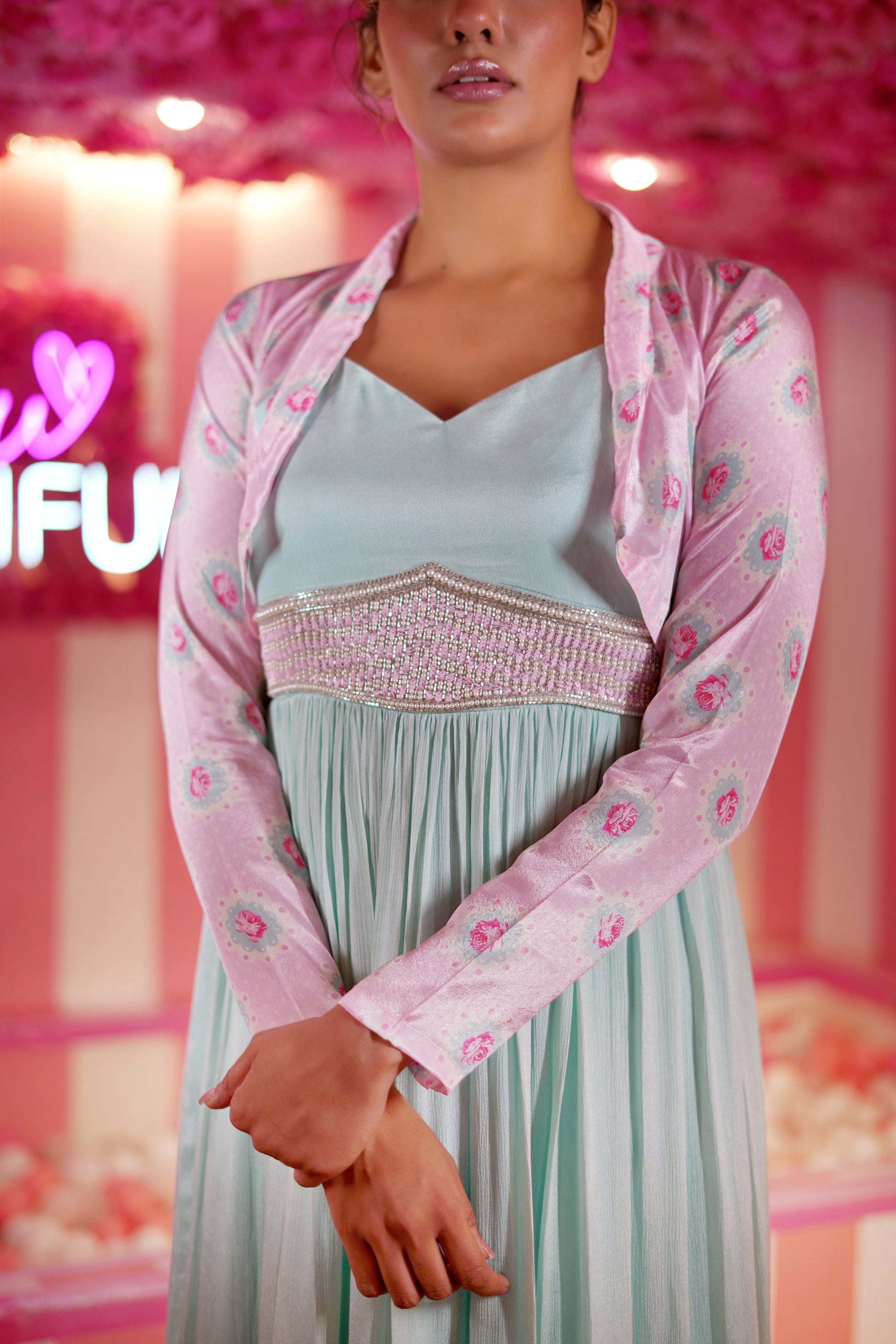 SEA GREEN & CANDY PINK RUFFLE WITH HALF JACKET DRESS