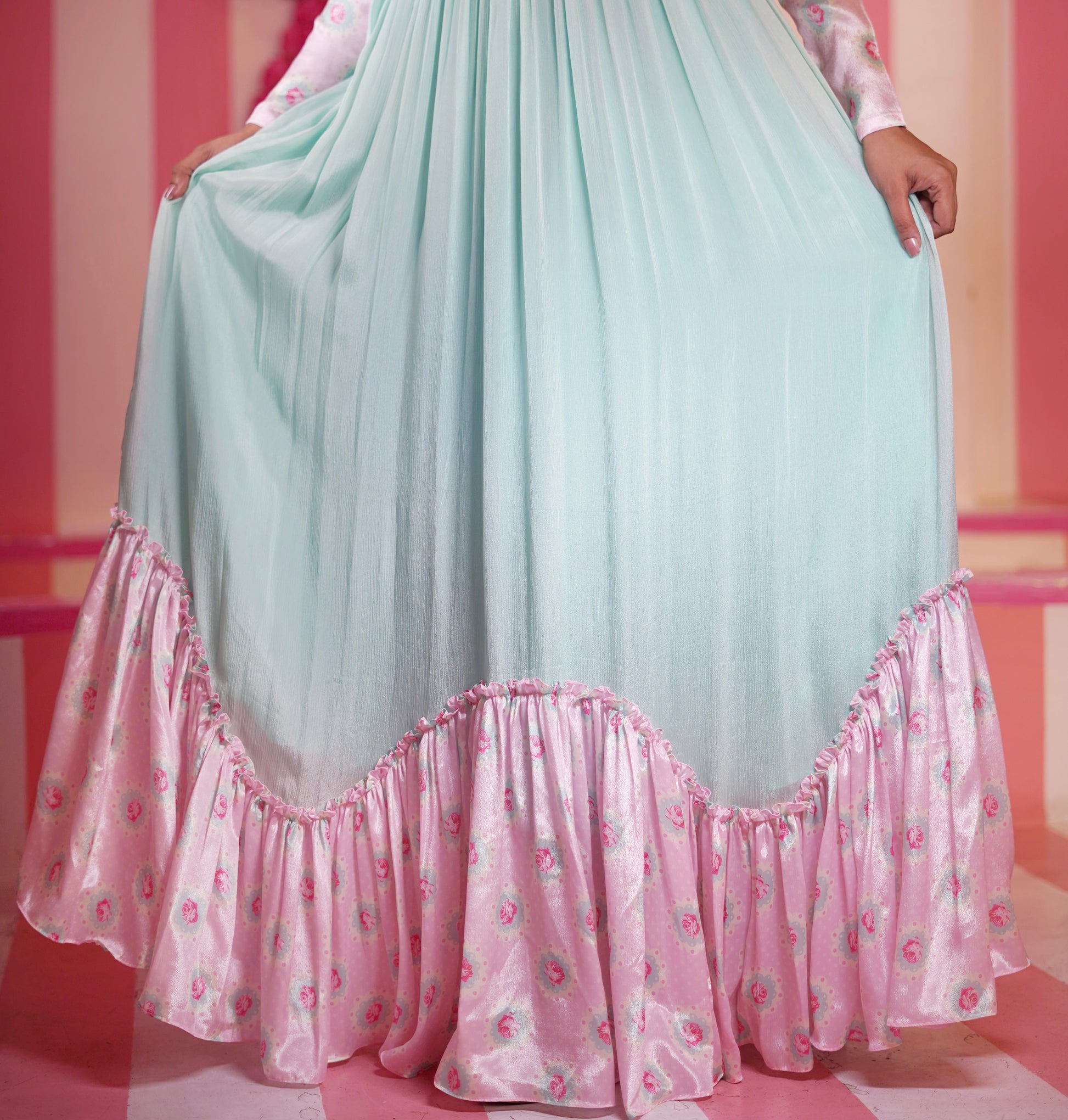 SEA GREEN & CANDY PINK RUFFLE WITH HALF JACKET DRESS