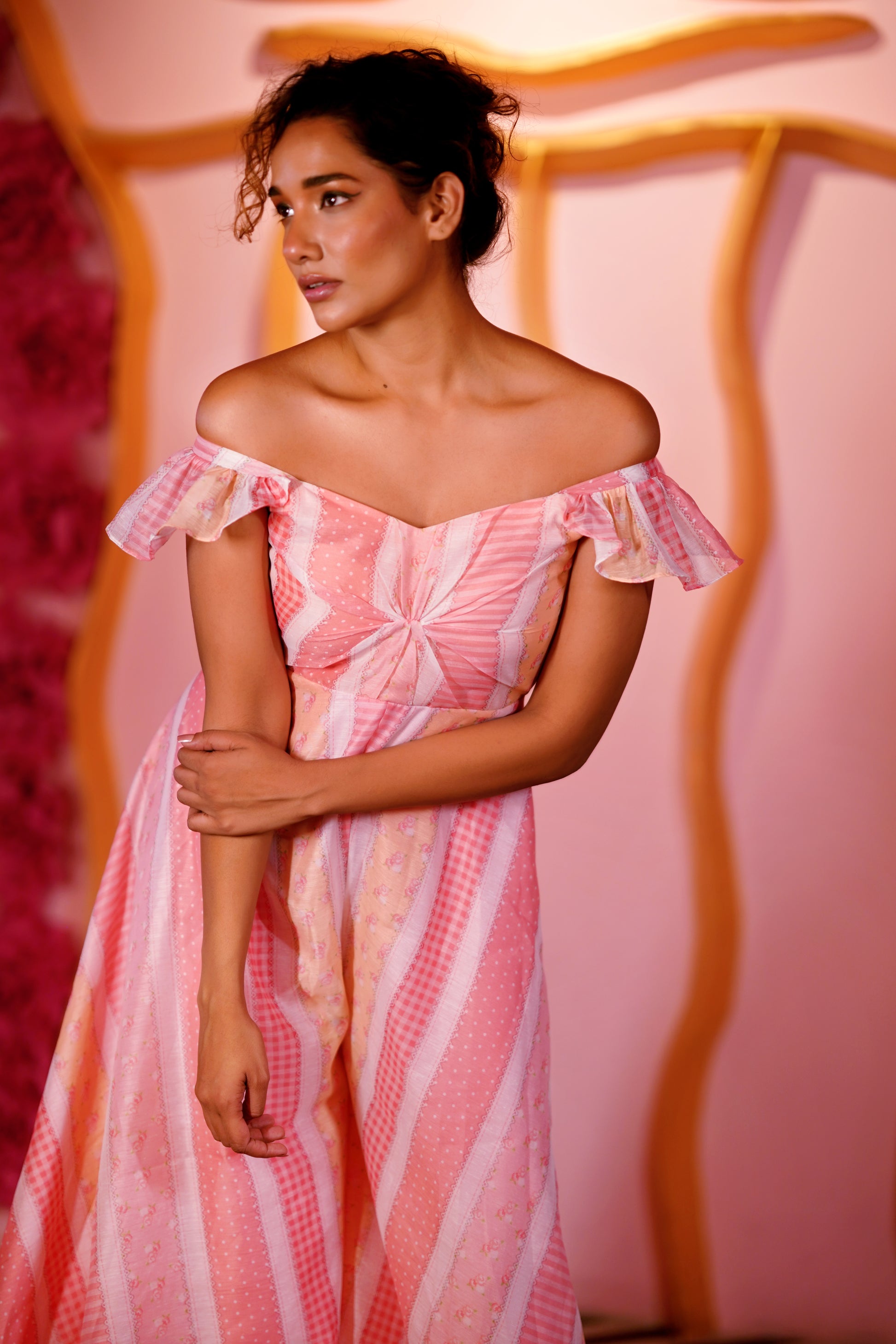 PEACH & LIME YELLOW STRIPED ON-OFF SHOULDER SLEEVES JUMPSUIT