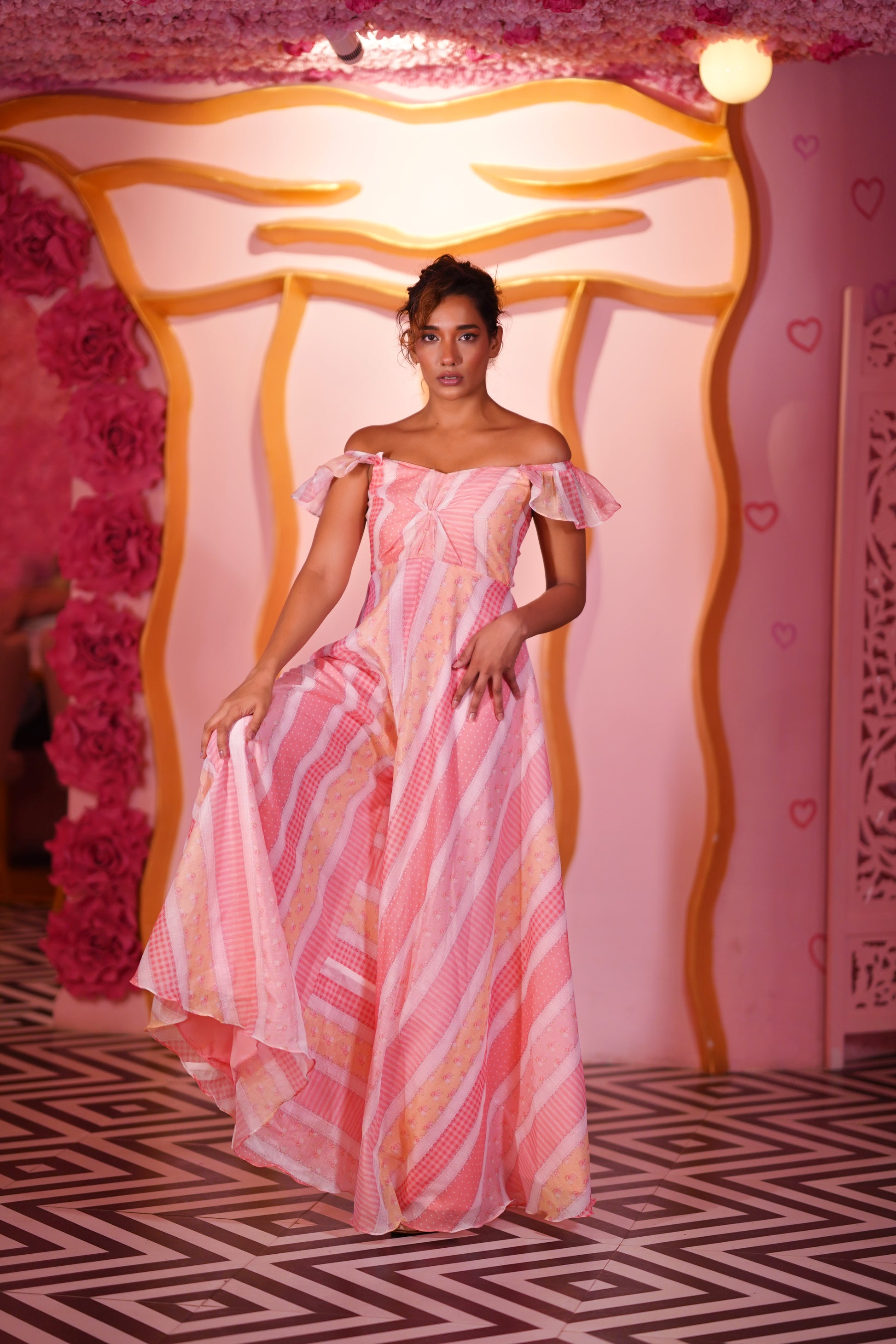 PEACH & LIME YELLOW STRIPED ON-OFF SHOULDER SLEEVES JUMPSUIT