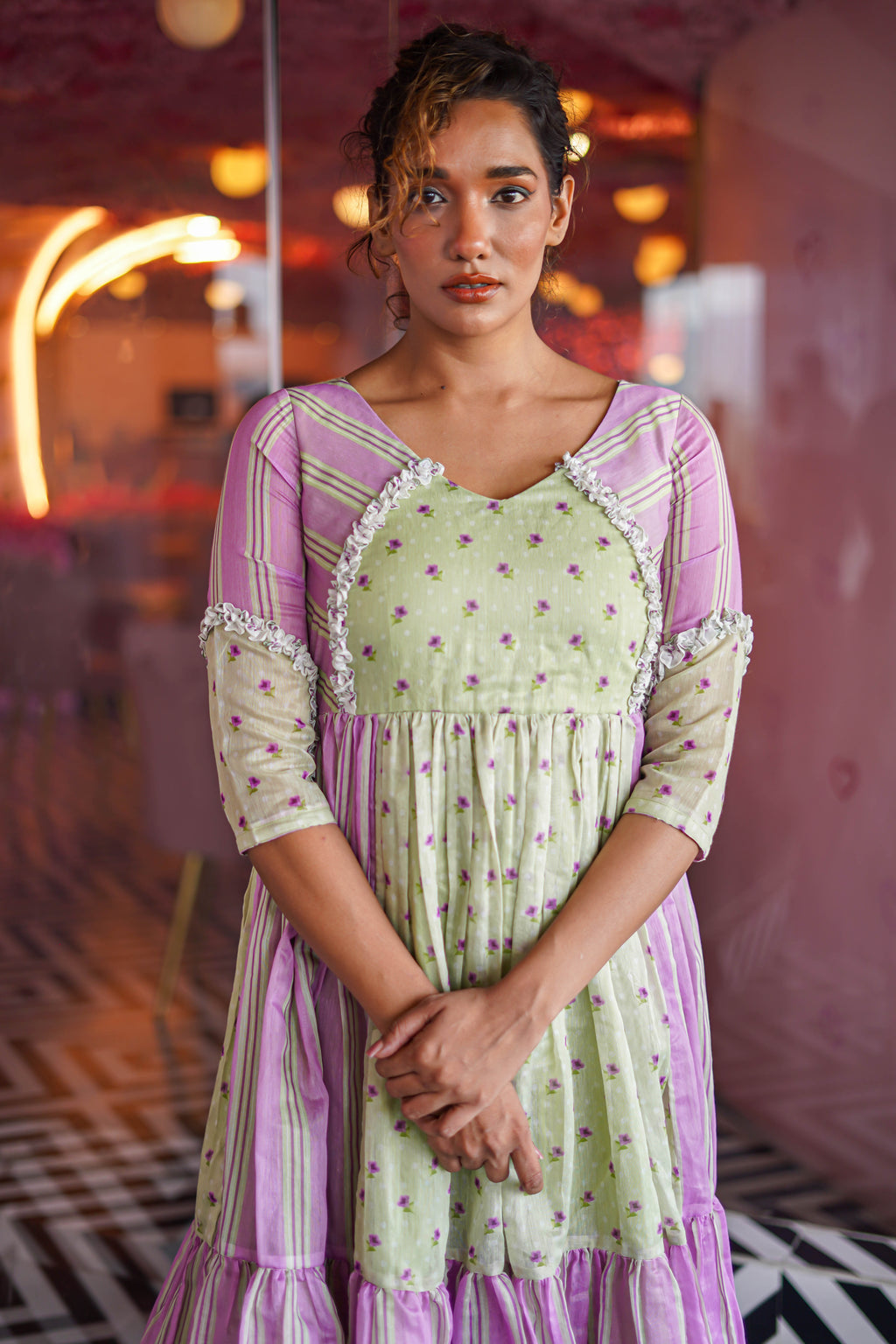 PASTEL GREEN FLORAL WITH LAVENDER STRIPES CHANDERI DRESS